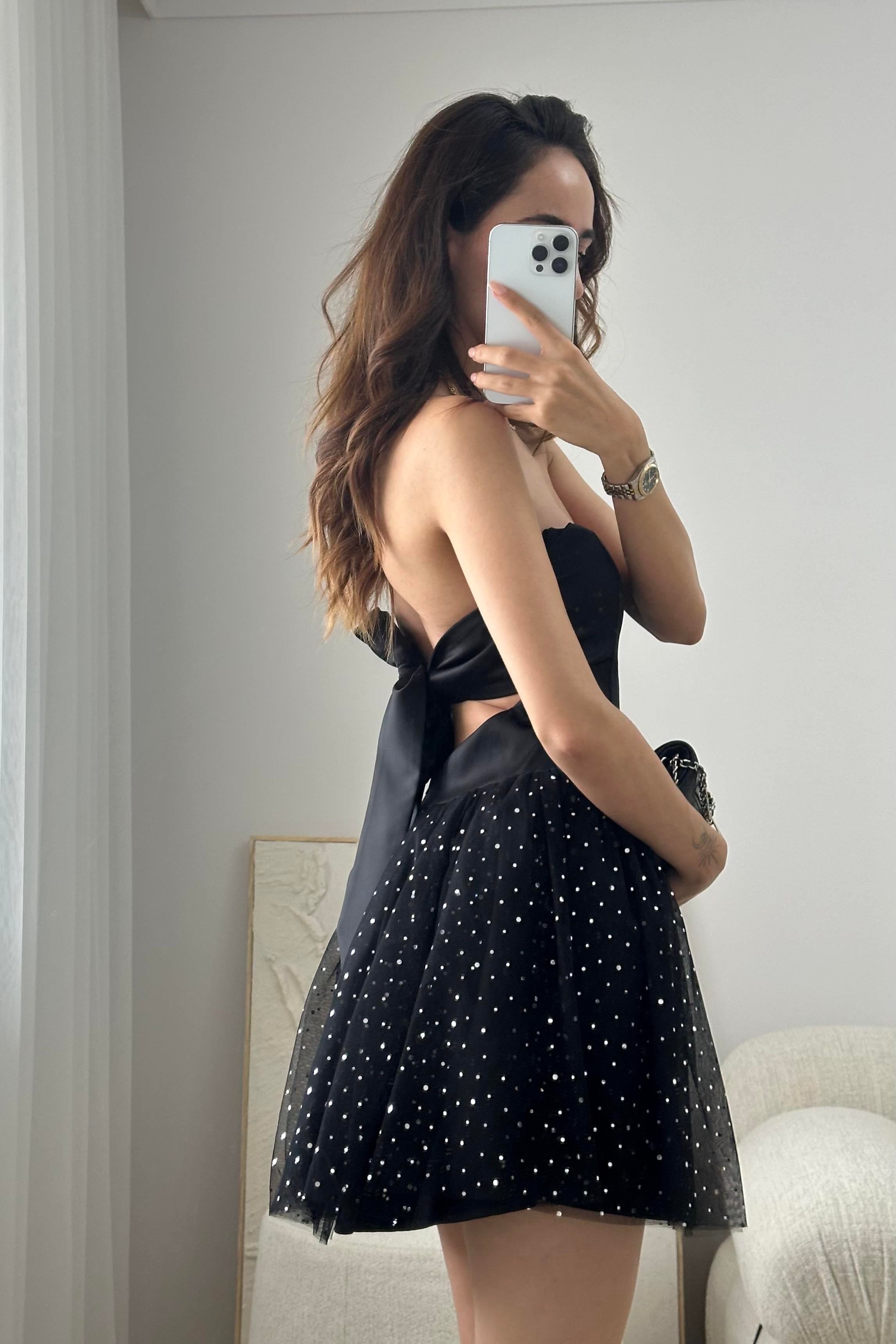 Siyah Tüllü Saten Mini Elbise - Kadın Dresses Modelleri - Nazliye Moda - Kadın Giyim Modası