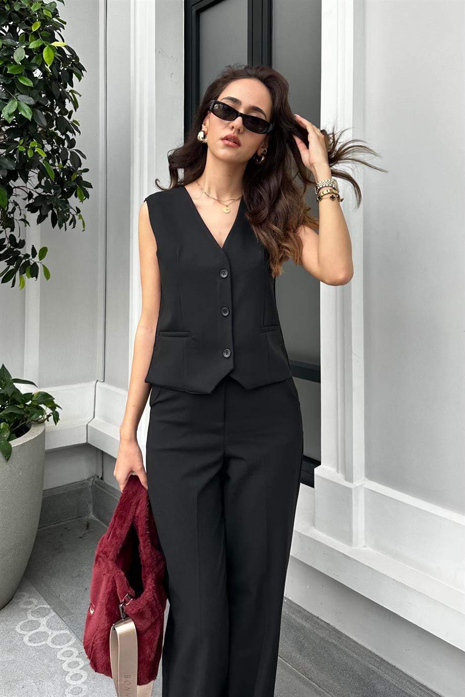 Siyah Yelek Pantolon Takım - Kadın Outfit Sets Modelleri - Nazliye Moda - Kadın Giyim Modası