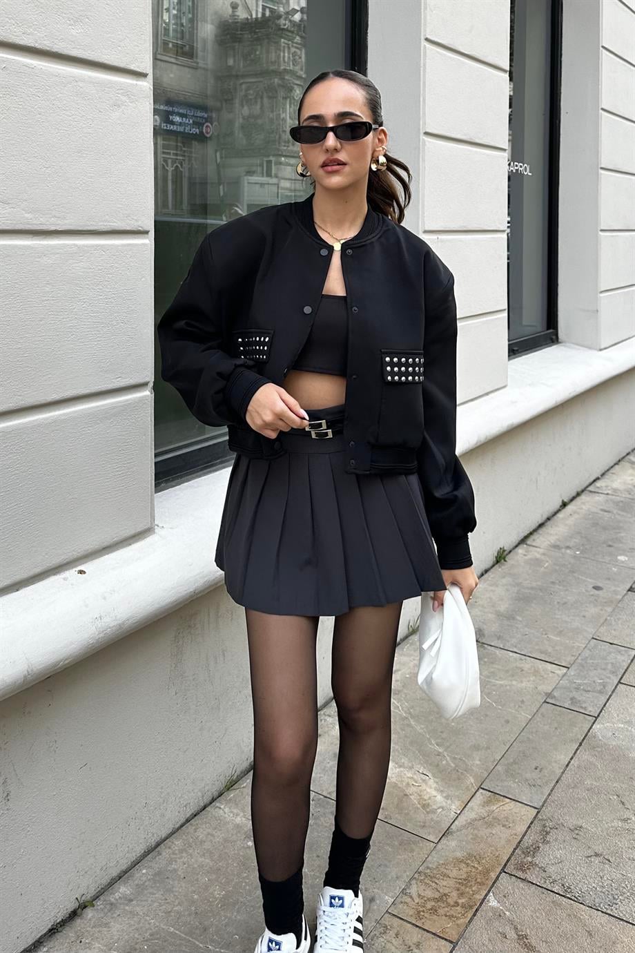 Siyah Zımbalı Bomber Ceket - Kadın Jackets Modelleri - Nazliye Moda - Kadın Giyim Modası