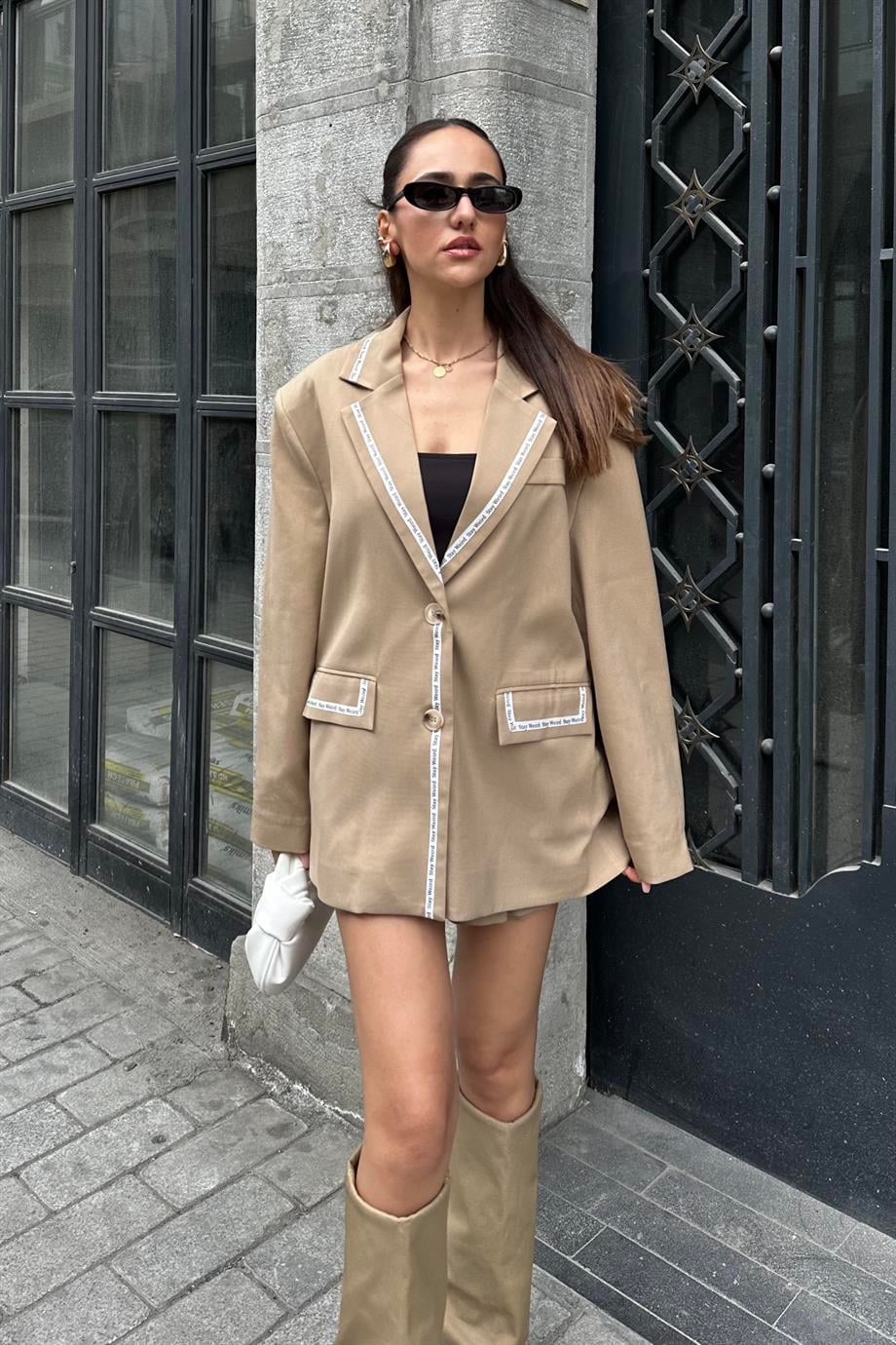 Taba Tasarım Oversize Blazer Ceket - Kadın Blazer Ceket Modelleri - Nazliye Moda - Kadın Giyim Modası