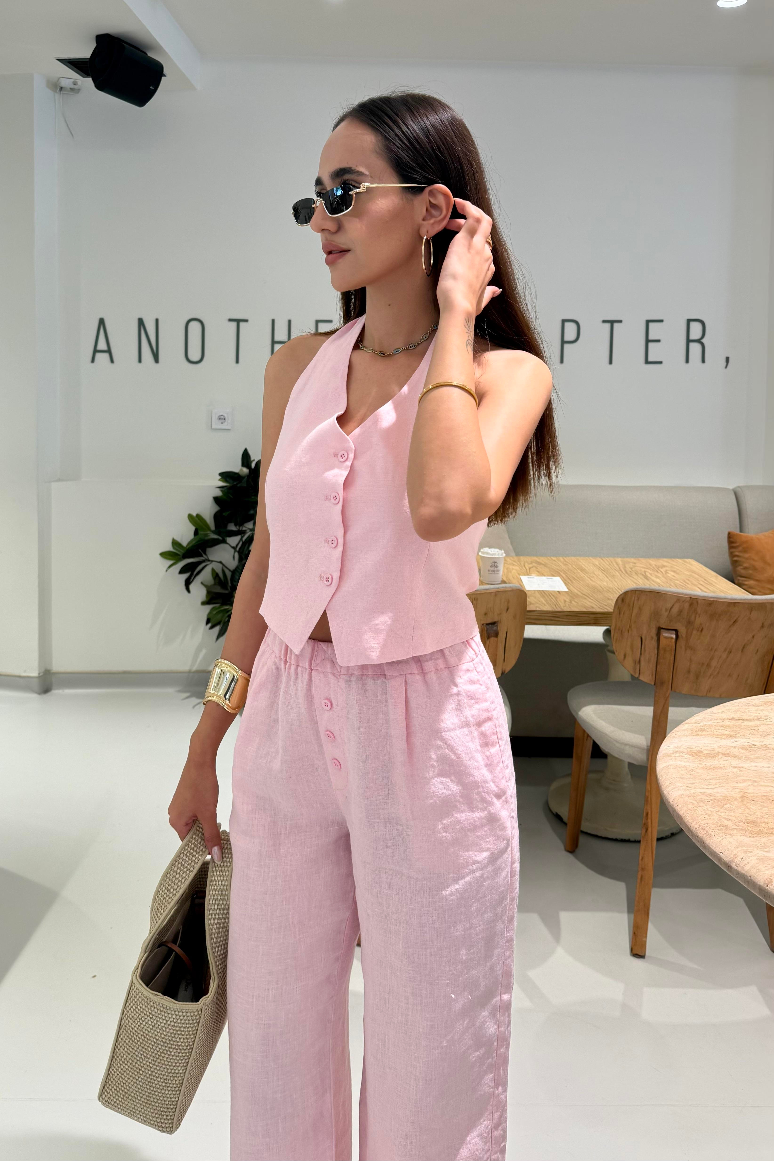 Toz Pembe Bağlama Detay Premium Keten Takım - Kadın Takım Modelleri - Nazliye Moda | Kadın Giyim Modası