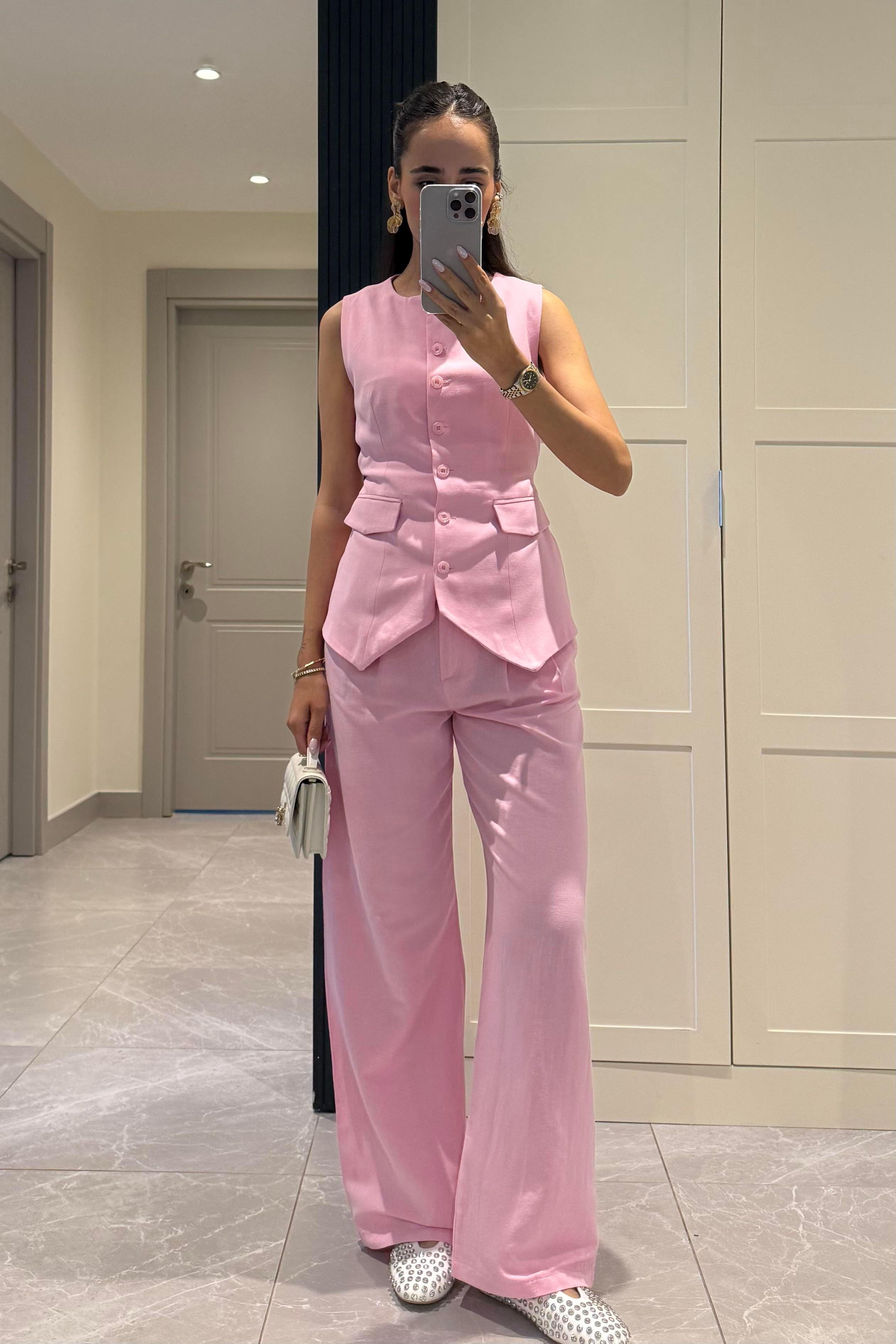 Toz Pembe Premium Keten Takım - Kadın Takım Modelleri - Nazliye Moda | Kadın Giyim Modası
