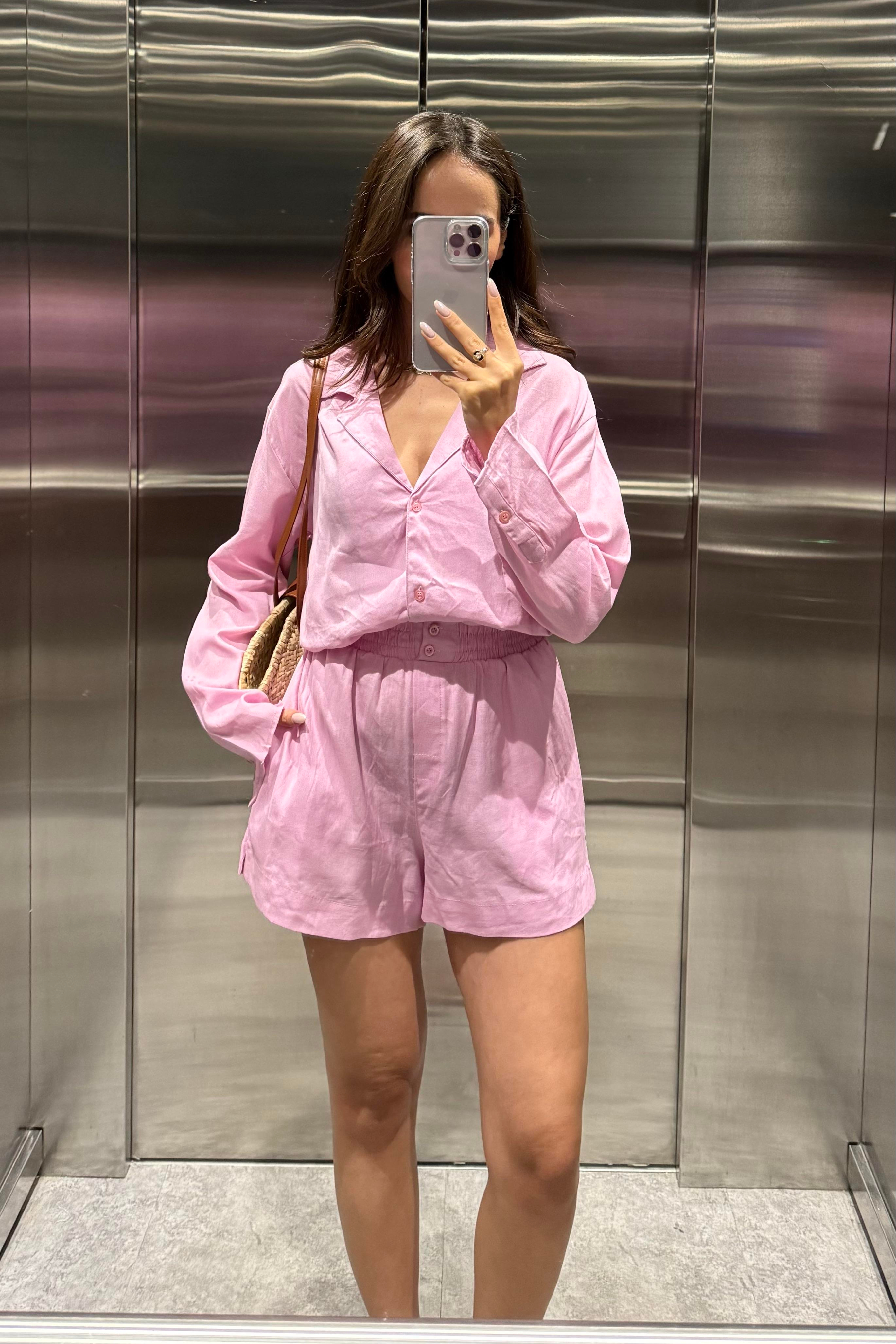 Toz Pembe Şort Gömlek Ham Keten Takım - Kadın Takım Modelleri - Nazliye Moda | Kadın Giyim Modası