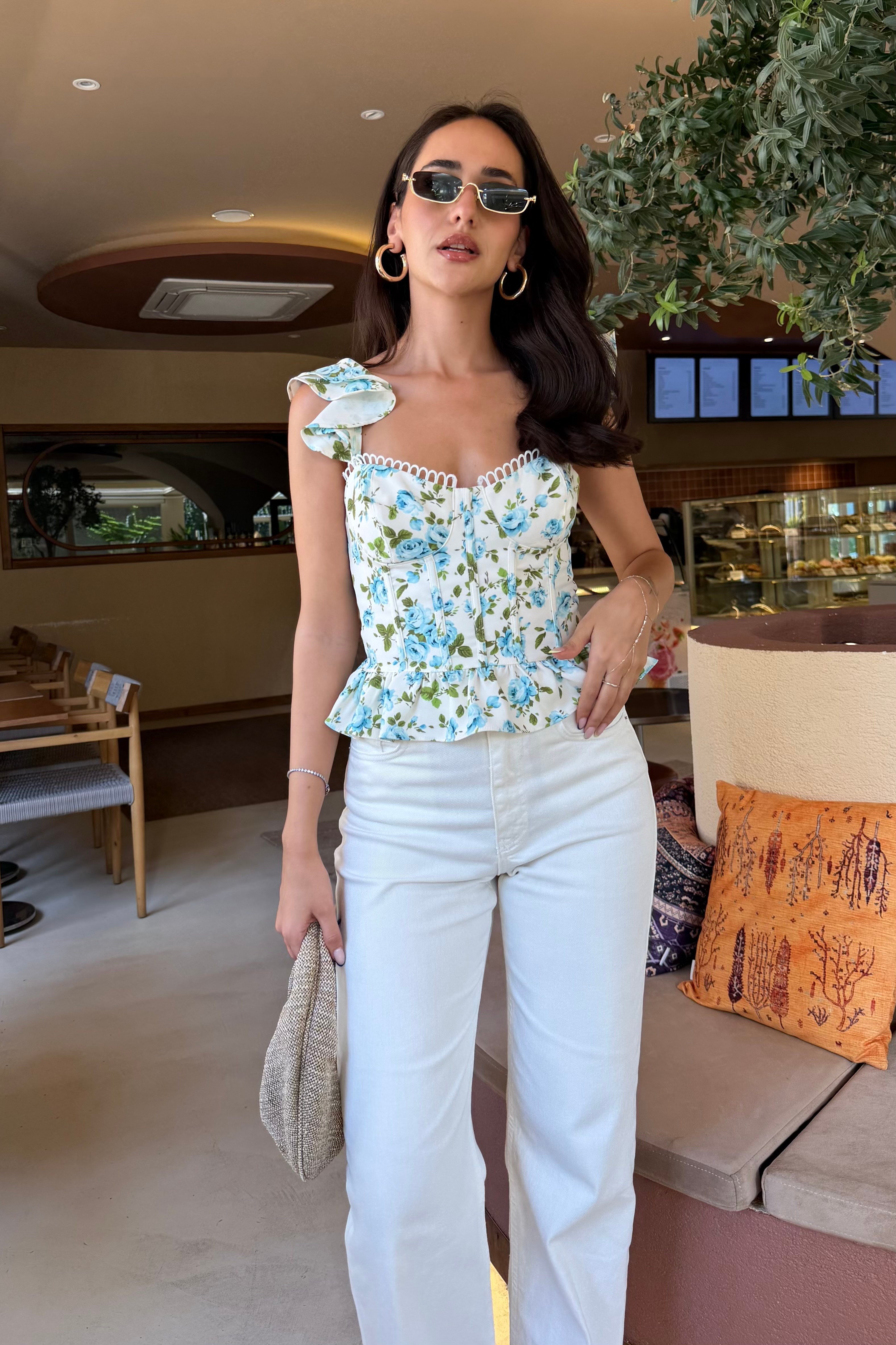 Turkuaz Çiçekli Korse Bluz - Kadın Bluz Modelleri - Nazliye Moda | Kadın Giyim Modası