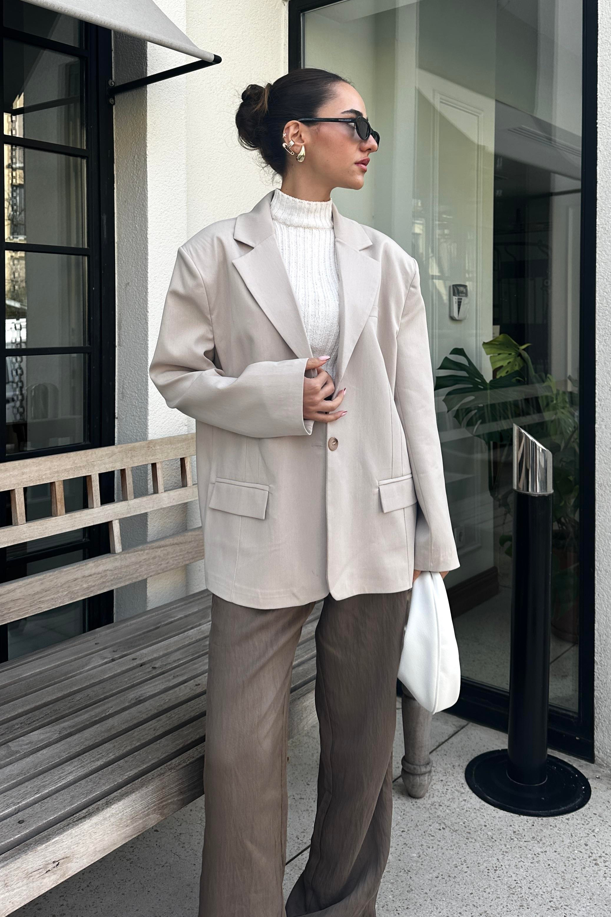 Mink Color Oversized Blazer Jacket - Kadın Blazer Jackets Modelleri - Nazliye Moda - Kadın Giyim Modası