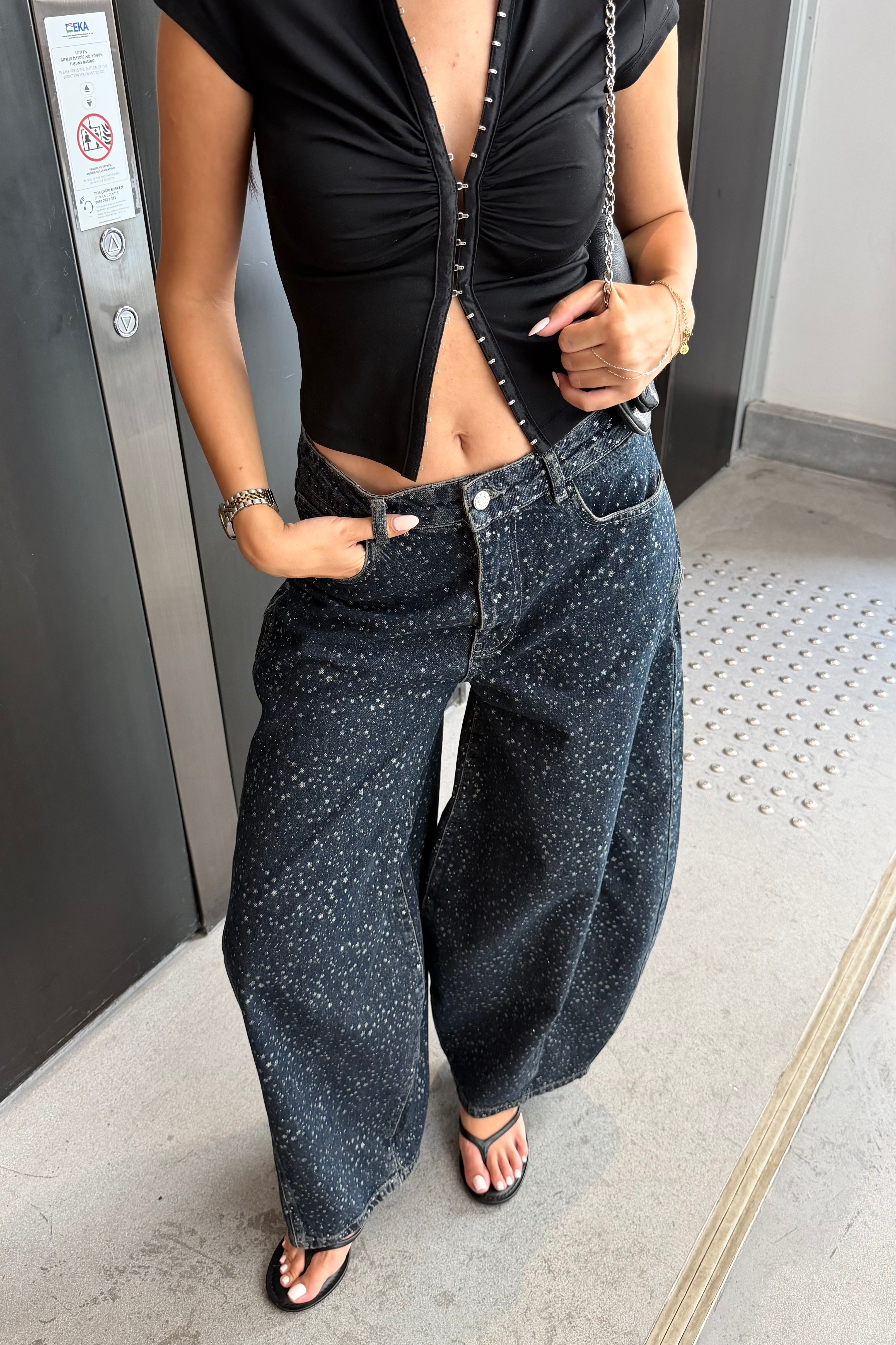 Yıldızlı Sim baskı Barrel Jean - Kadın Outfit Sets Modelleri - Nazliye Moda | Kadın Giyim Modası