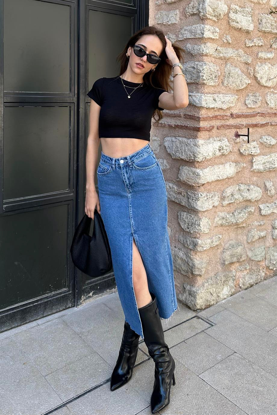 Yırtmaçlı Uzun Jean Etek - Kadın Etek Modelleri - Nazliye Moda | Kadın Giyim Modası