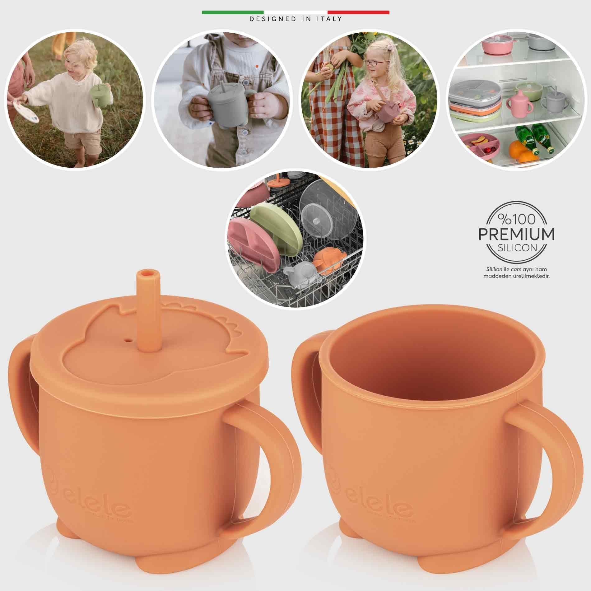 Elele 2in1 Silikon Bebek Alıştırma Bardağı Kulplu ve Pipetli Turuncu