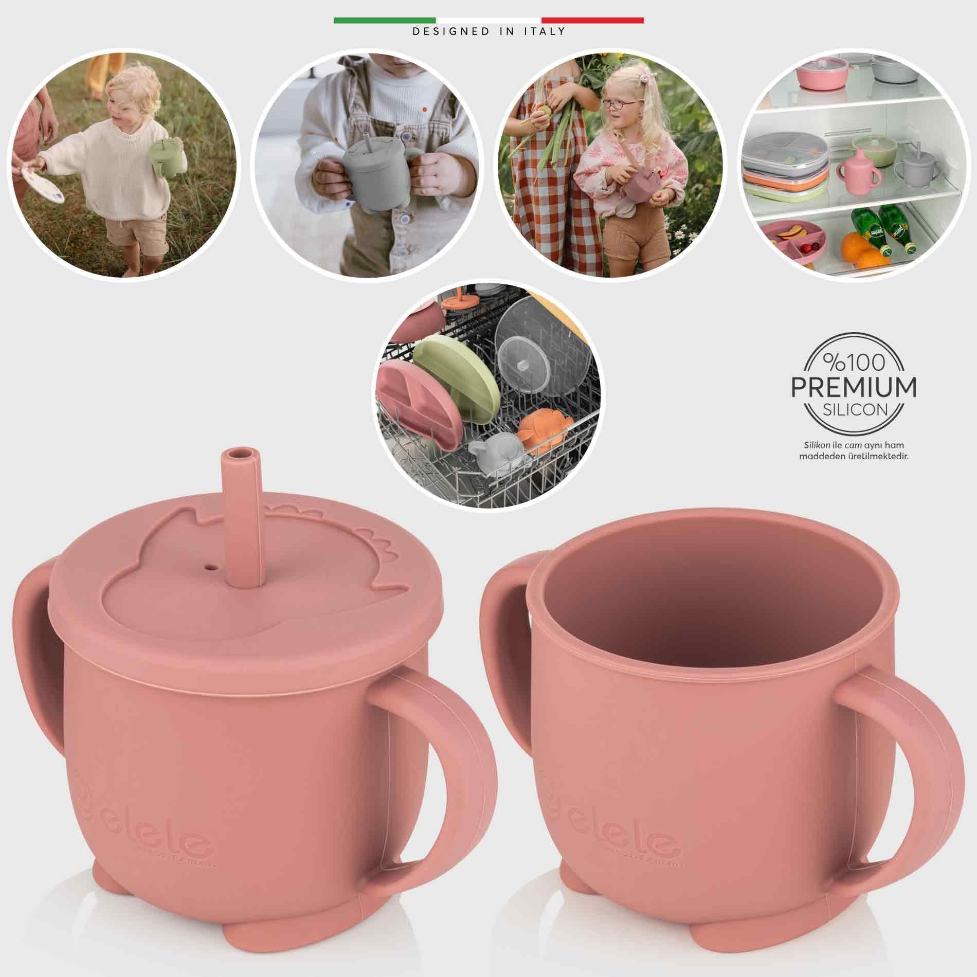 Elele 2in1 Silikon Bebek Alıştırma Bardağı Kulplu ve Pipetli Rose