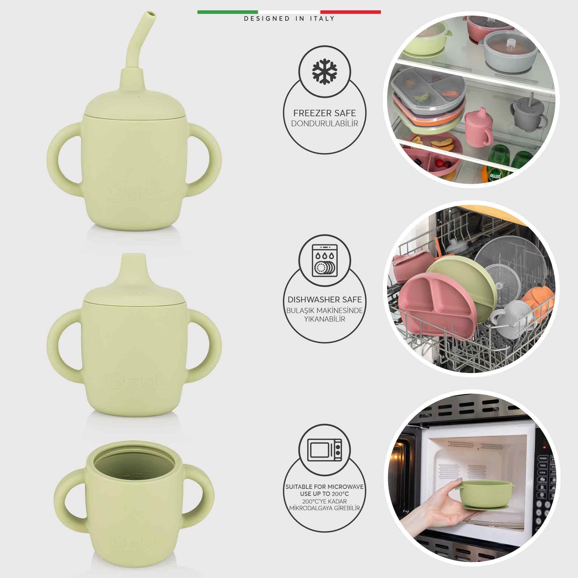Elele 3in1 Silikon Bebek Alıştırma Bardağı Seti Kulplu ve Pipetli Yeşil
