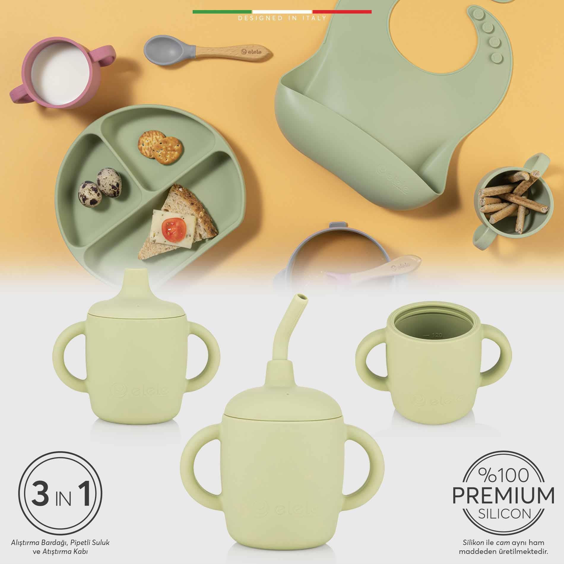 Elele 3in1 Silikon Bebek Alıştırma Bardağı Seti Kulplu ve Pipetli Yeşil
