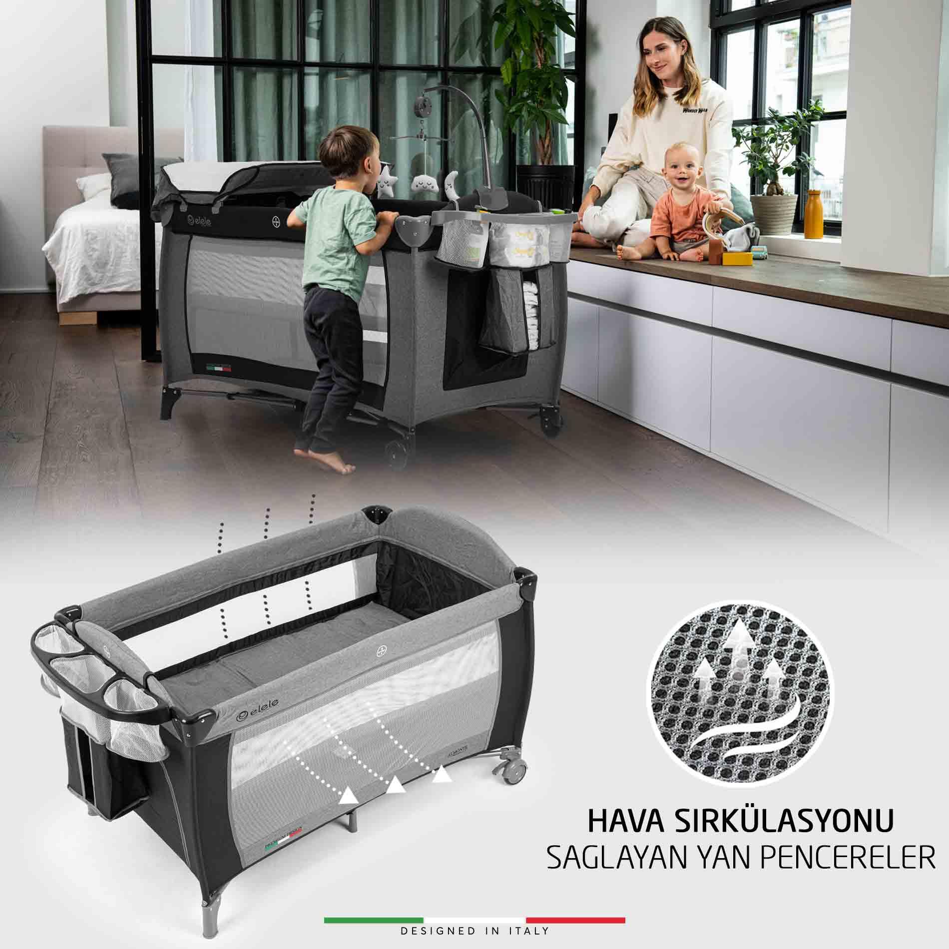 Elele Almonte Oyun Parkı Park Yatak XL 70x120 cm Siyah-Gri