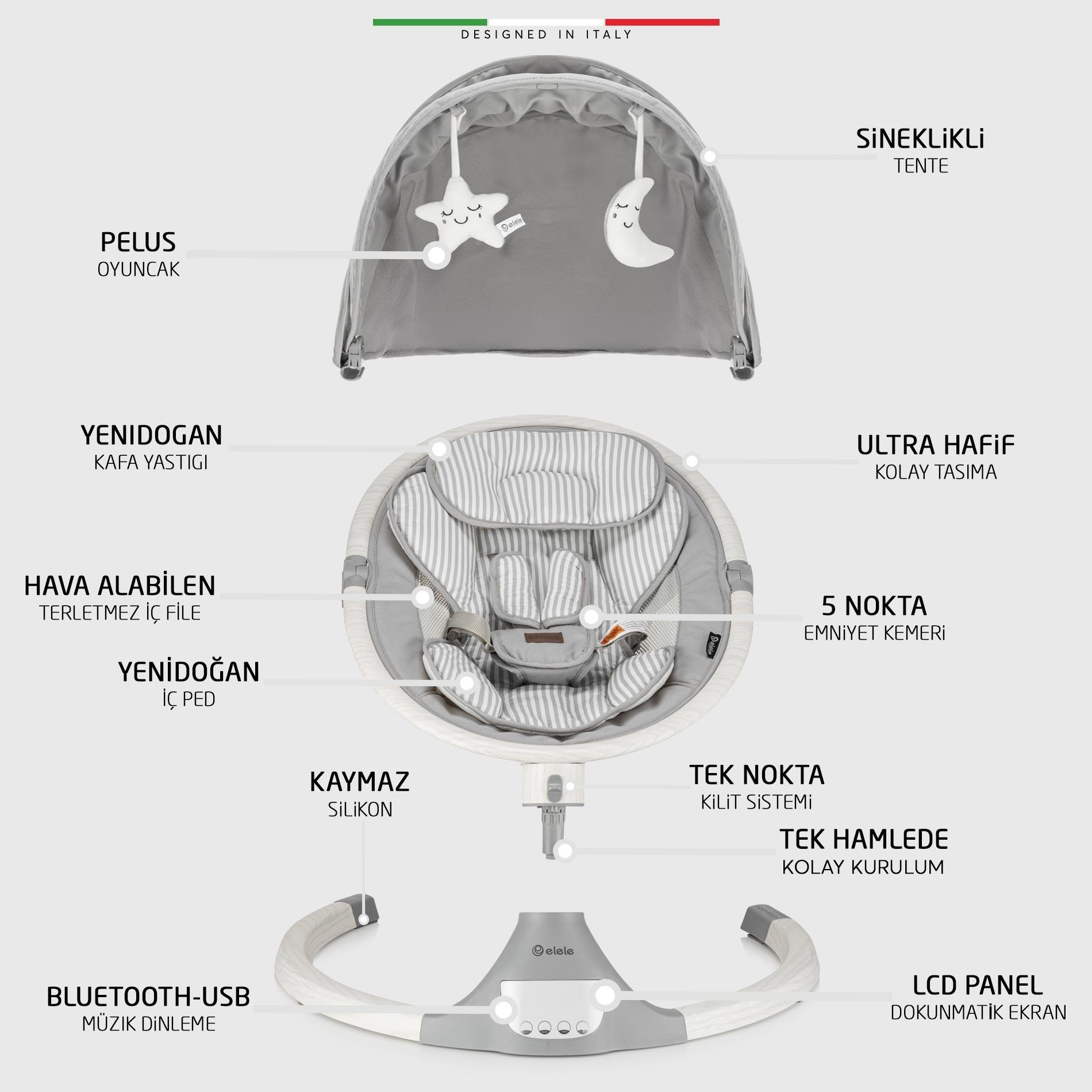 Elele Amore 2 Elektrikli Otomatik Sallanan Ana Kucağı Kademeli Gri