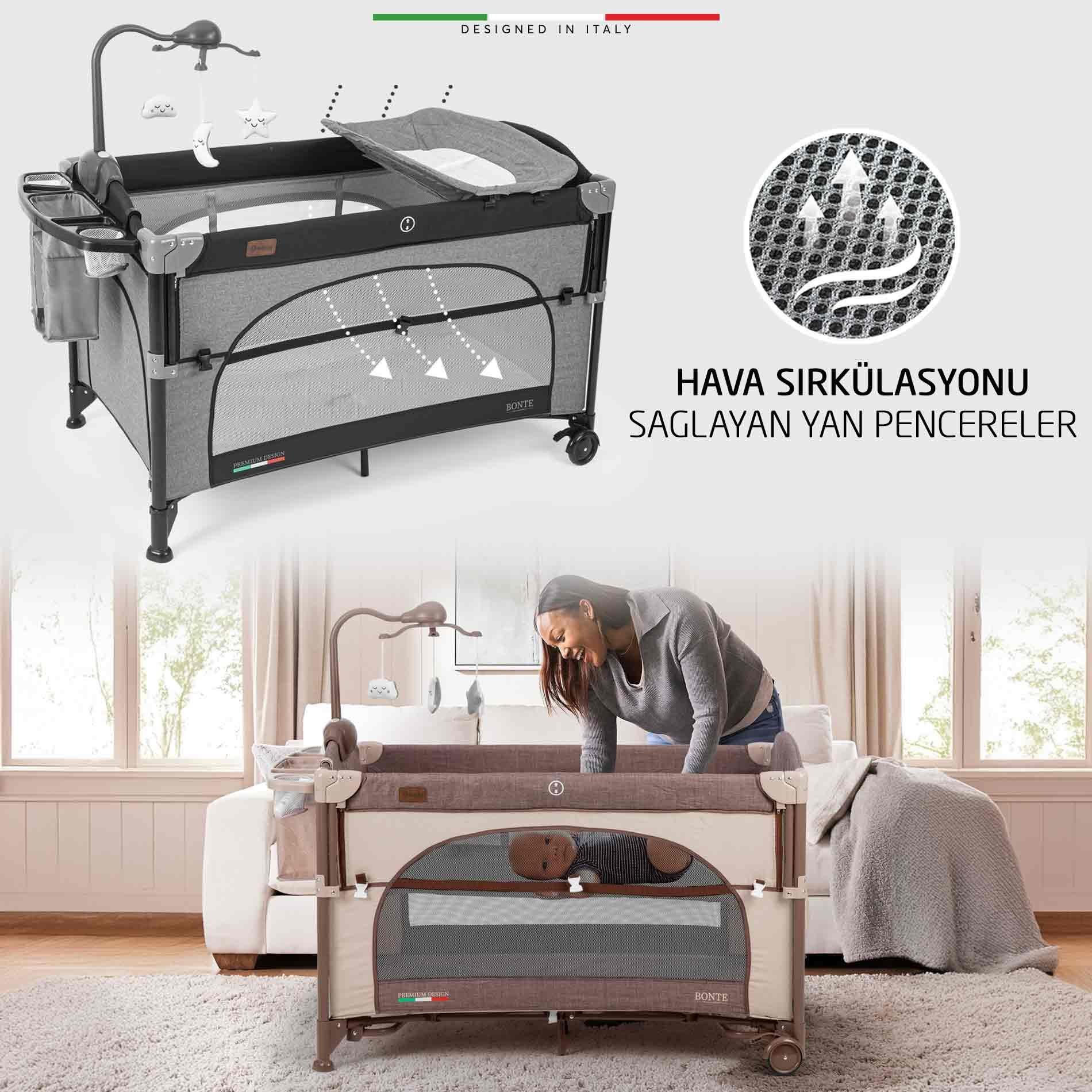 Elele Bonte 2 6in1 Lüks Anne Yanı Oyun Parkı Park Yatak XL 70x120 cm Kahverengi