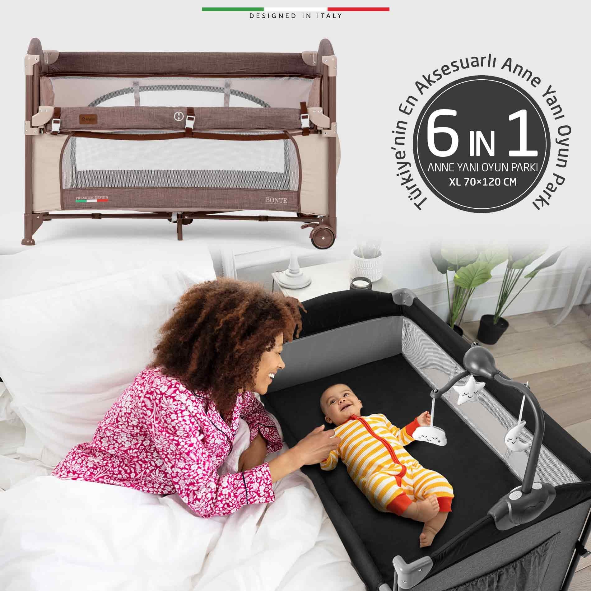 Elele Bonte 2 6in1 Lüks Anne Yanı Oyun Parkı Park Yatak XL 70x120 cm Kahverengi