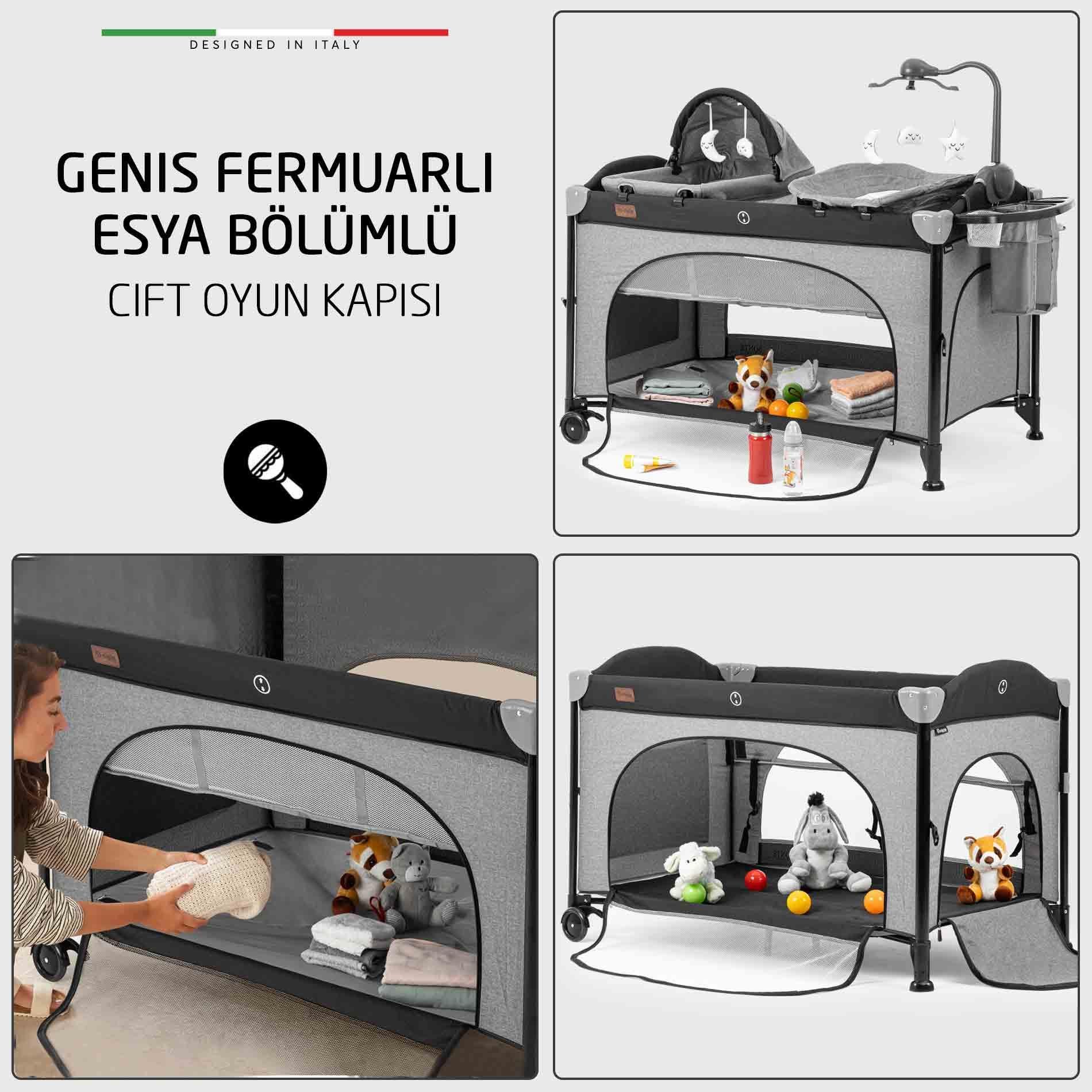 Elele Bonte 2 6in1 Lüks Anne Yanı Oyun Parkı Park Yatak XL 70x120 cm Kahverengi