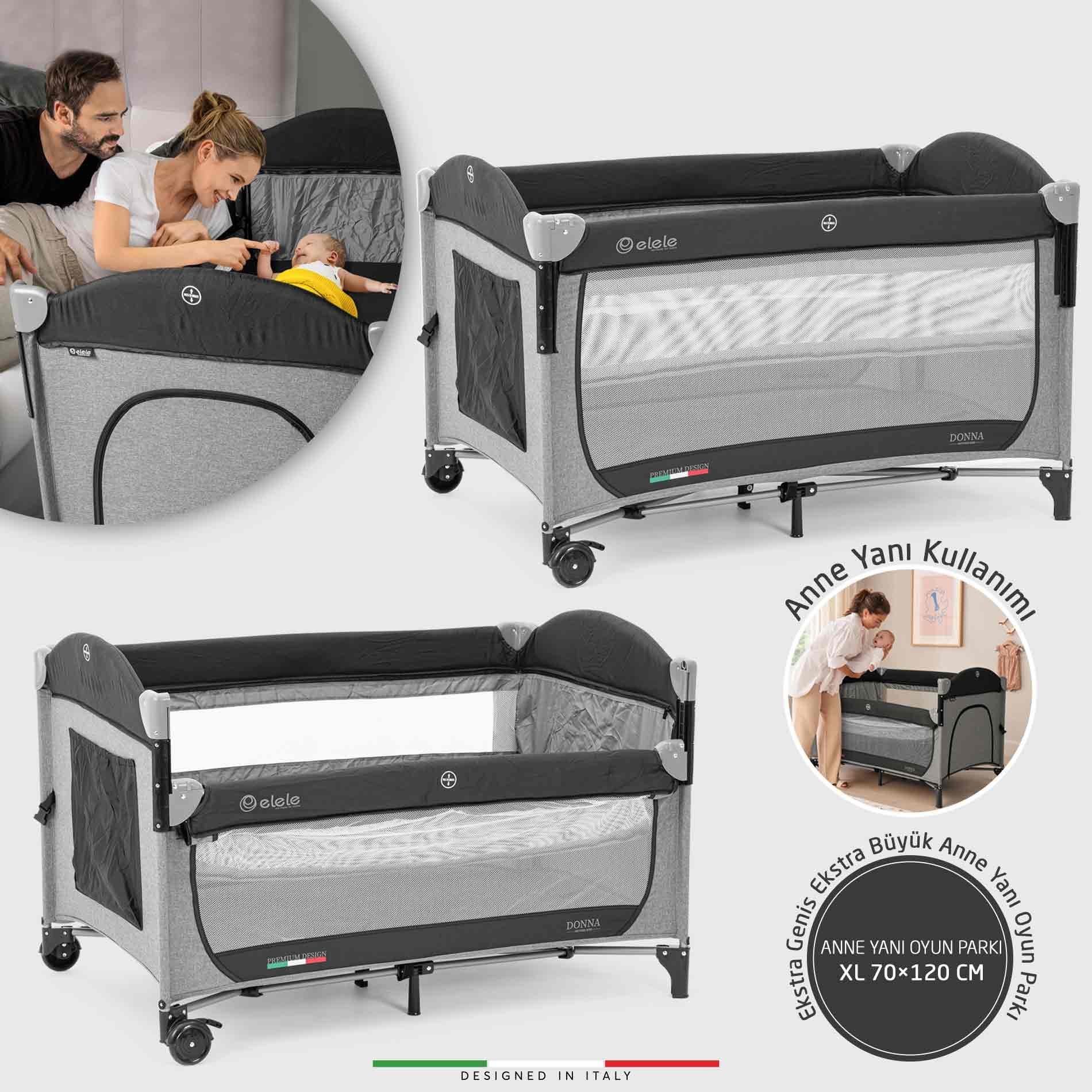 Elele Donna Anne Yanı Park Yatak Oyun Parkı XL 70x120 cm Gri-Siyah