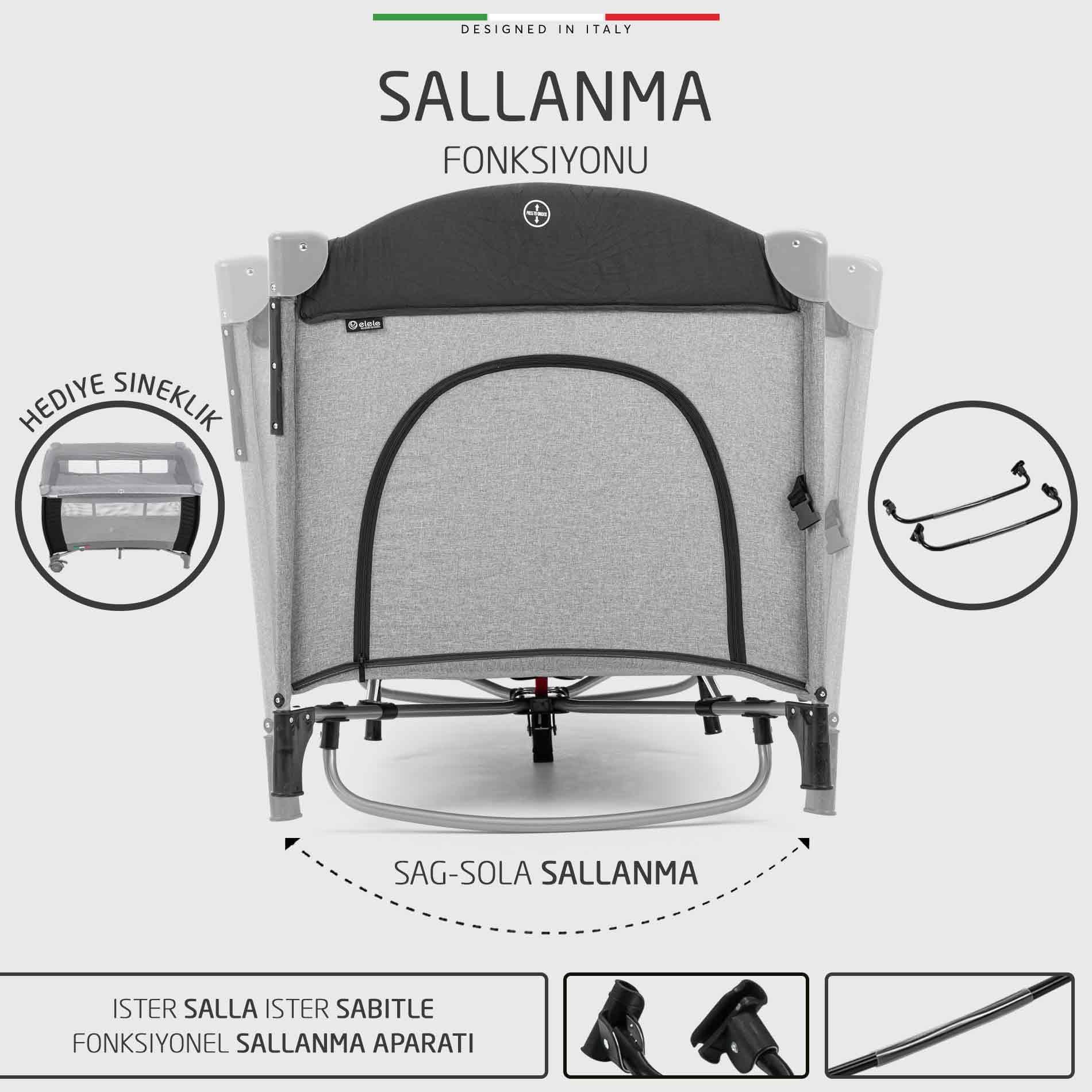 Elele Donna Anne Yanı Park Yatak Oyun Parkı XL 70x120 cm Gri-Siyah