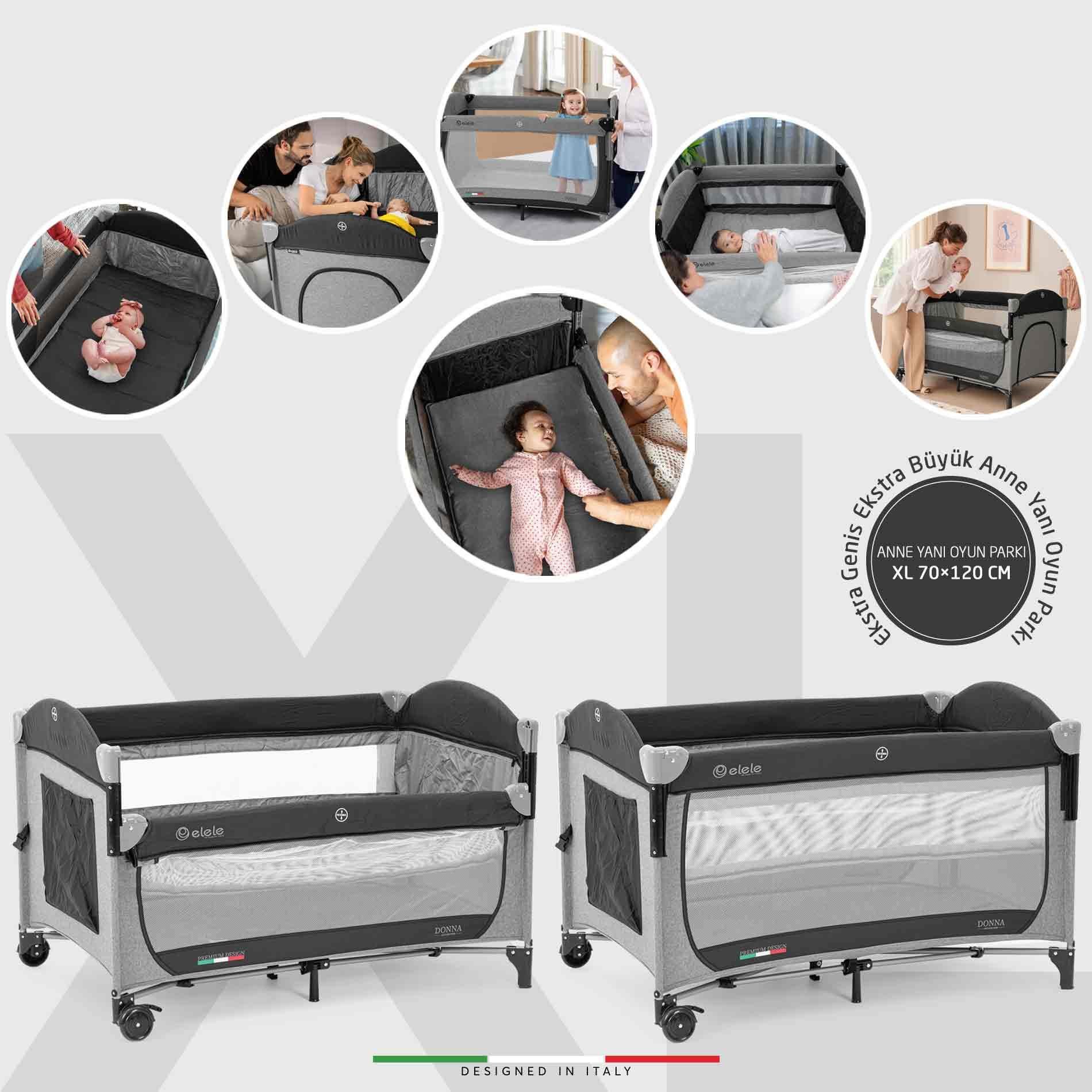 Elele Donna Anne Yanı Park Yatak Oyun Parkı XL 70x120 cm Gri-Siyah