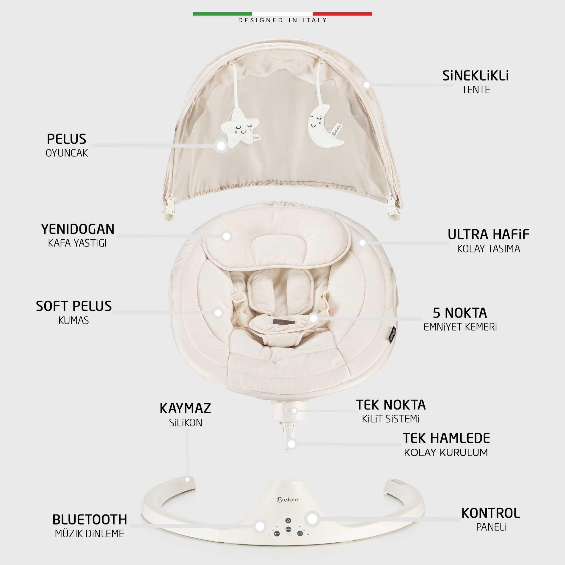 Elele Dormire 2 Elektrikli Otomatik Sallanan Kademeli Ana Kucağı Bej