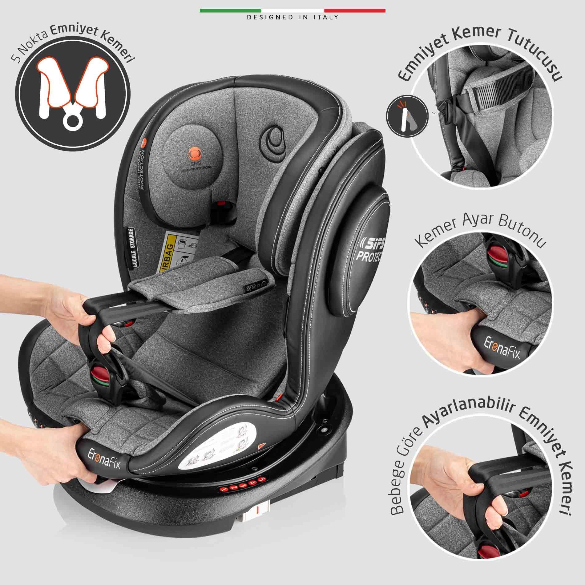 Elele EronaFix 360° Dönebilen İsofixli Oto Koltuğu 0-36 KG Gri