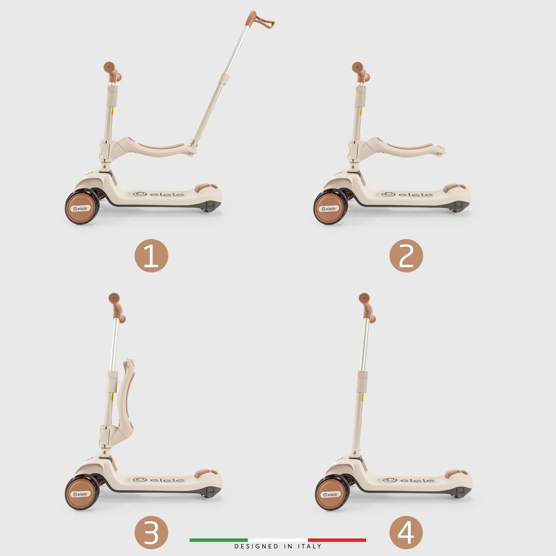 Elele Forte 3in1 Ebeveyn Kontrollü 3 Tekerlekli Çocuk Scooter Işıklı Oturaklı Kahverengi