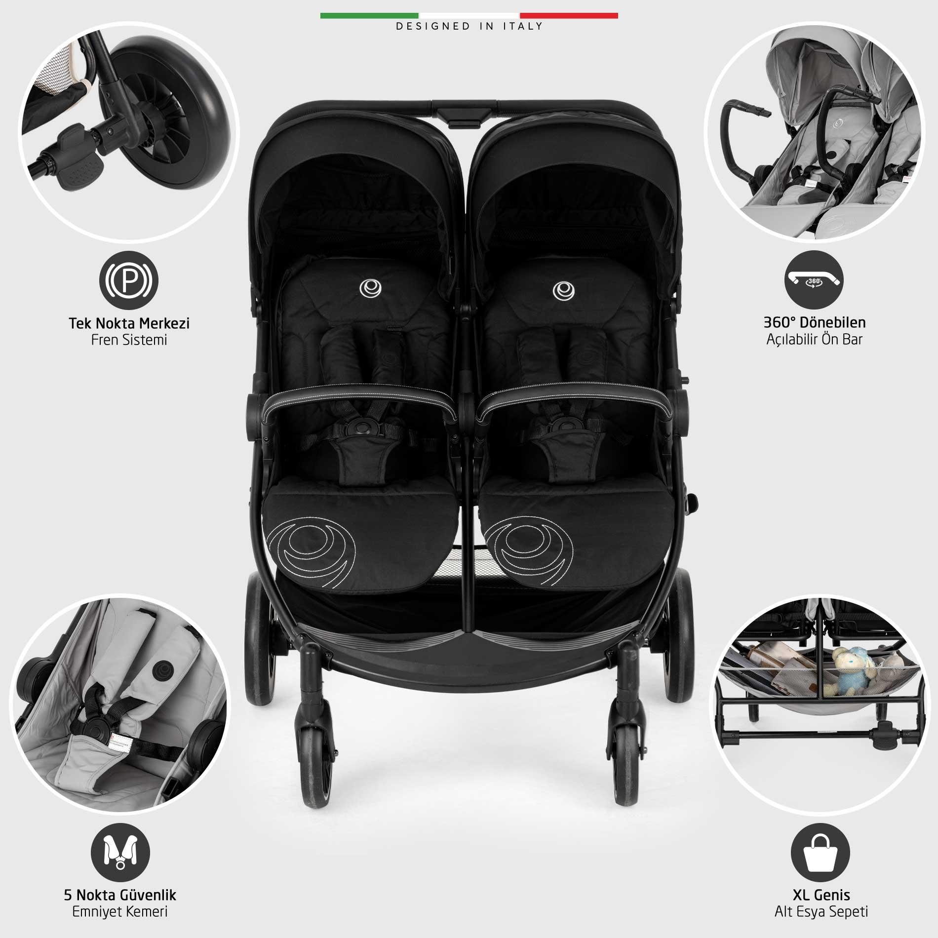 Elele Gemelli Yan Yana İkiz Bebek Arabası Siyah