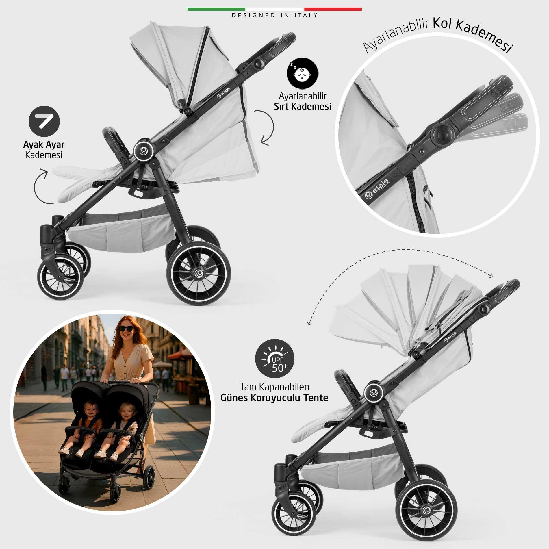 Elele Gemelli Yan Yana İkiz Bebek Arabası Yeşil