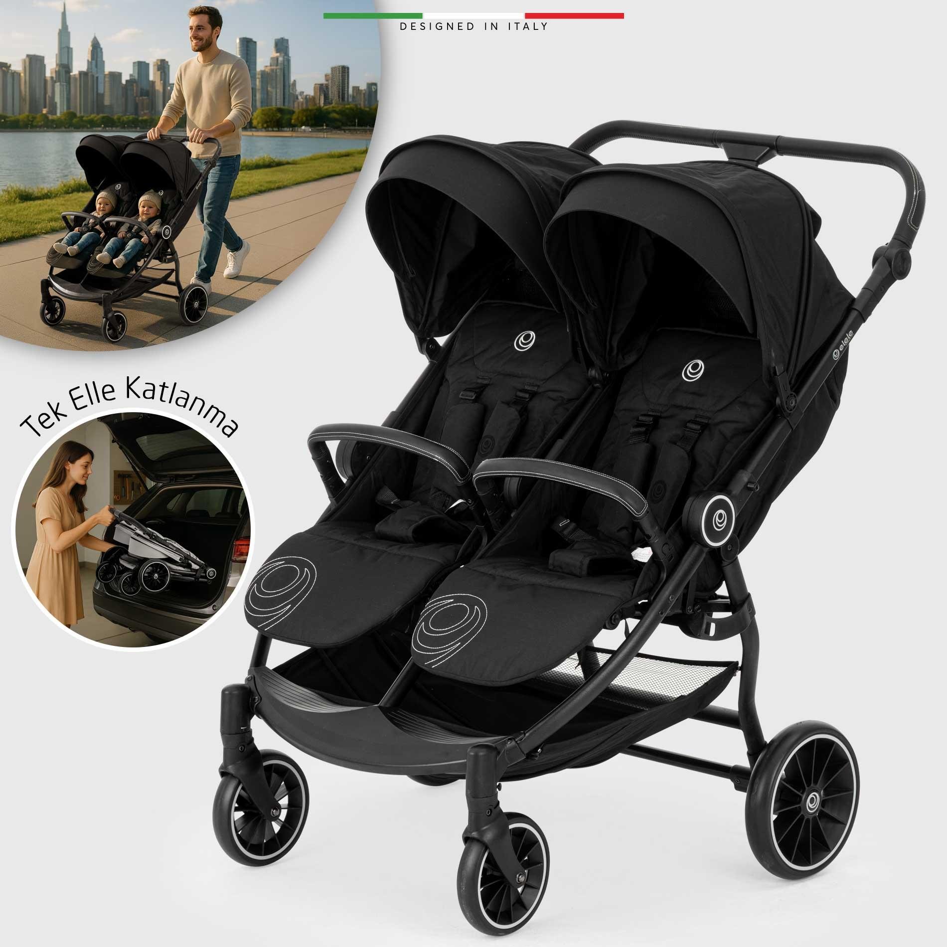 Elele Gemelli Yan Yana İkiz Bebek Arabası Siyah