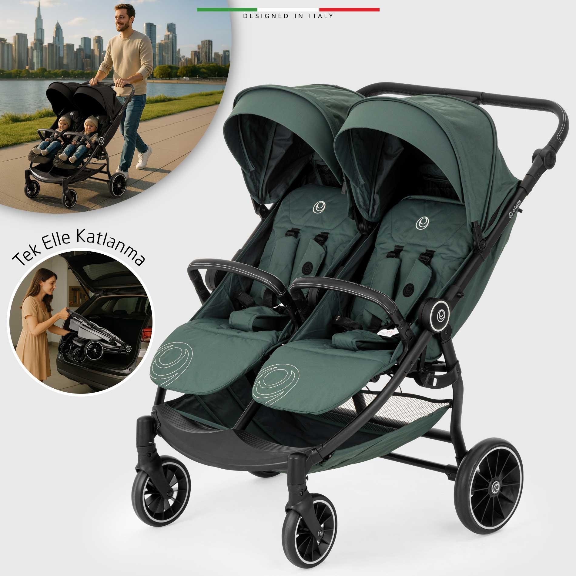Elele Gemelli Yan Yana İkiz Bebek Arabası Yeşil