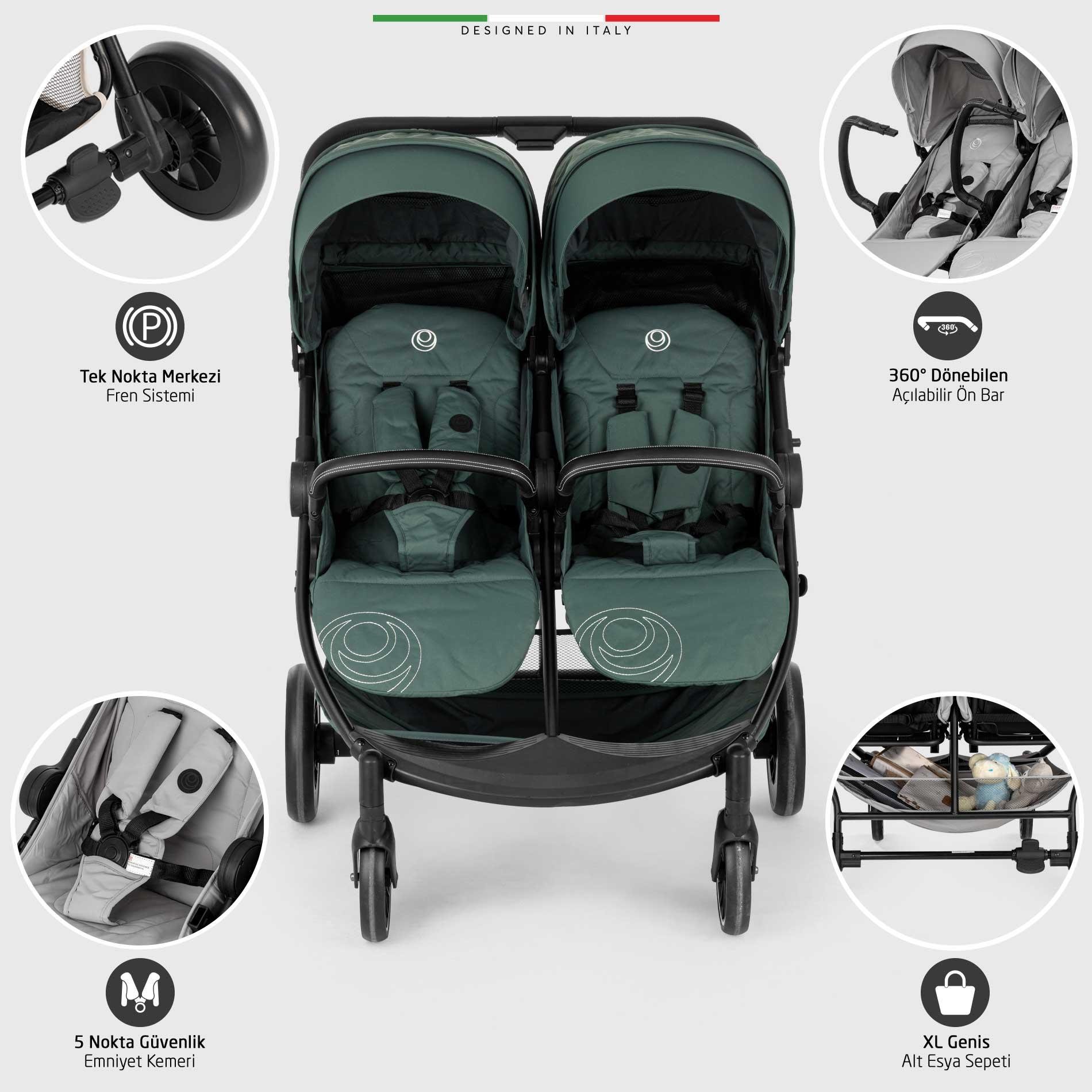 Elele Gemelli Yan Yana İkiz Bebek Arabası Yeşil