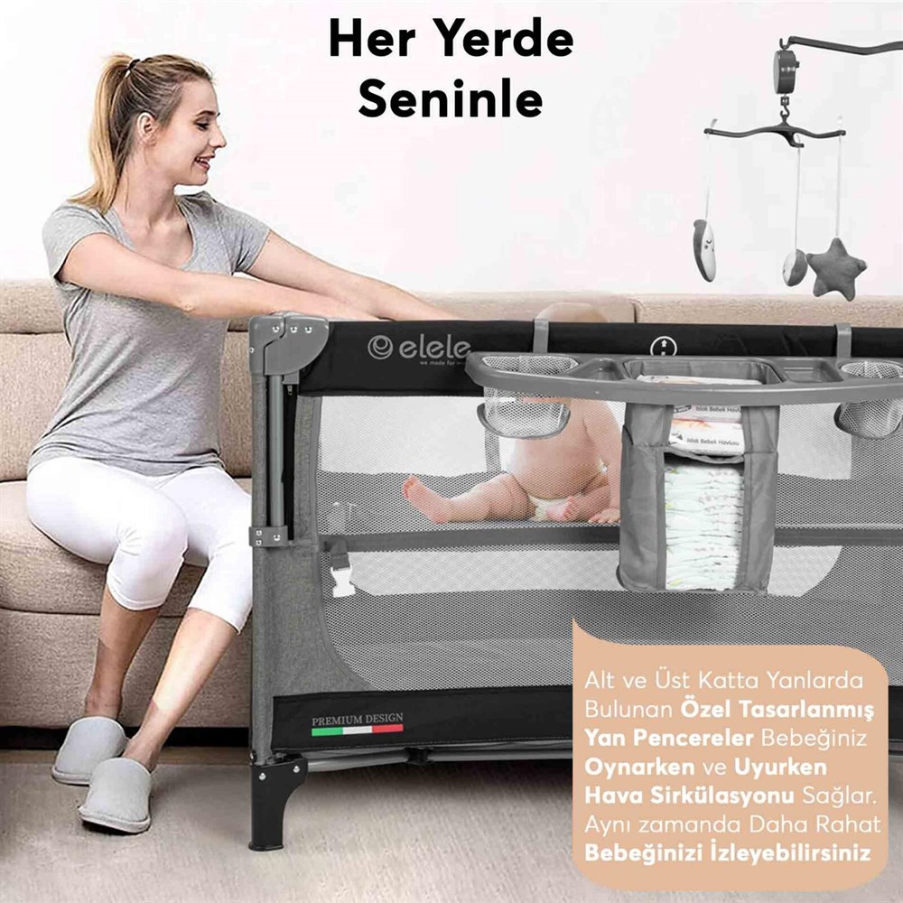 Elele Madre Anne Yanı Park Yatak Oyun Parkı 70x110 cm Gri-Siyah