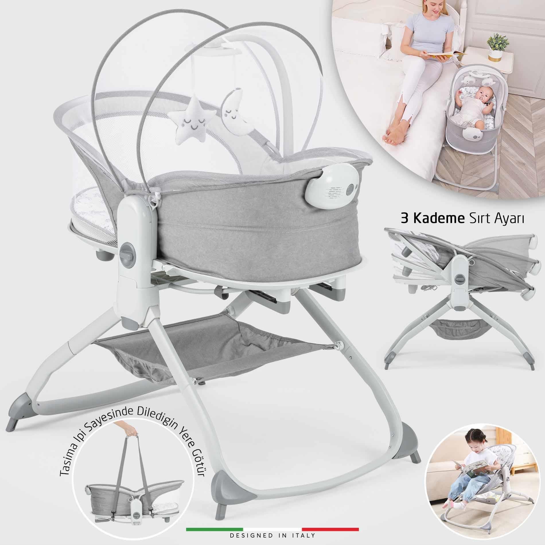 Elele Mira 6in1 Anne Yanı Beşik ve Ana Kucağı Sallanan Müzikli Titreşimli Kademeli Açık Gri