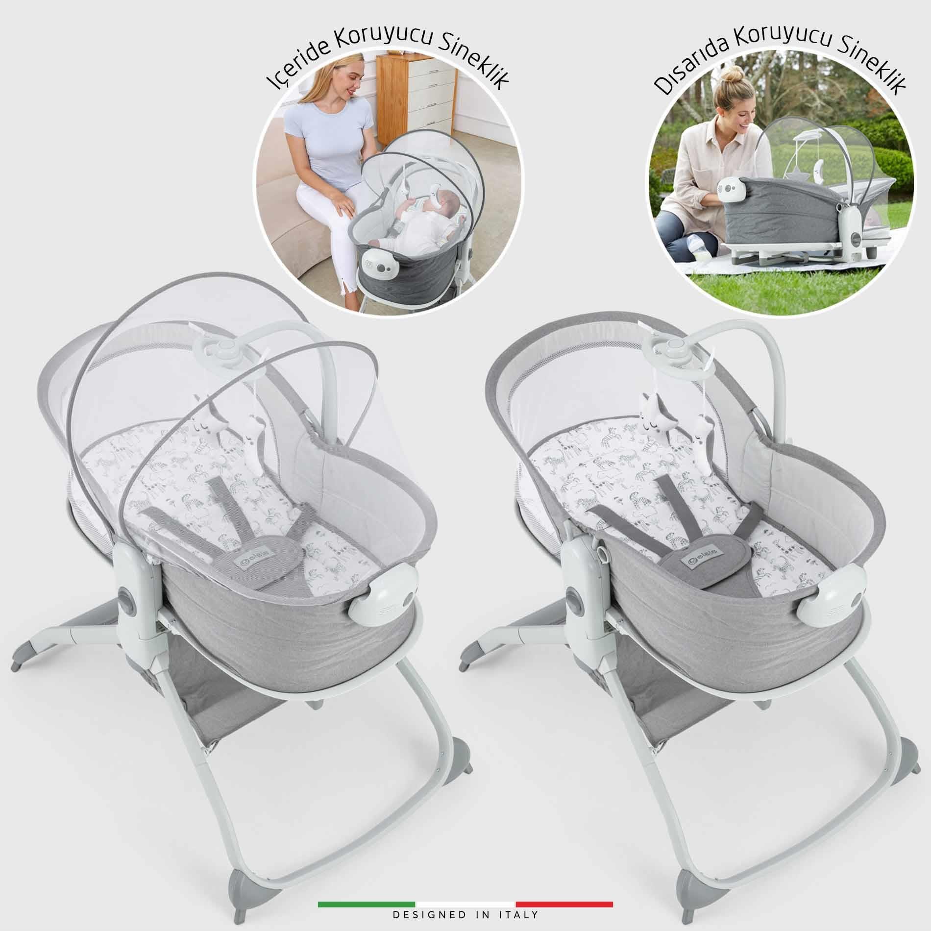 Elele Mira 6in1 Anne Yanı Beşik ve Ana Kucağı Sallanan Müzikli Titreşimli Kademeli Açık Gri