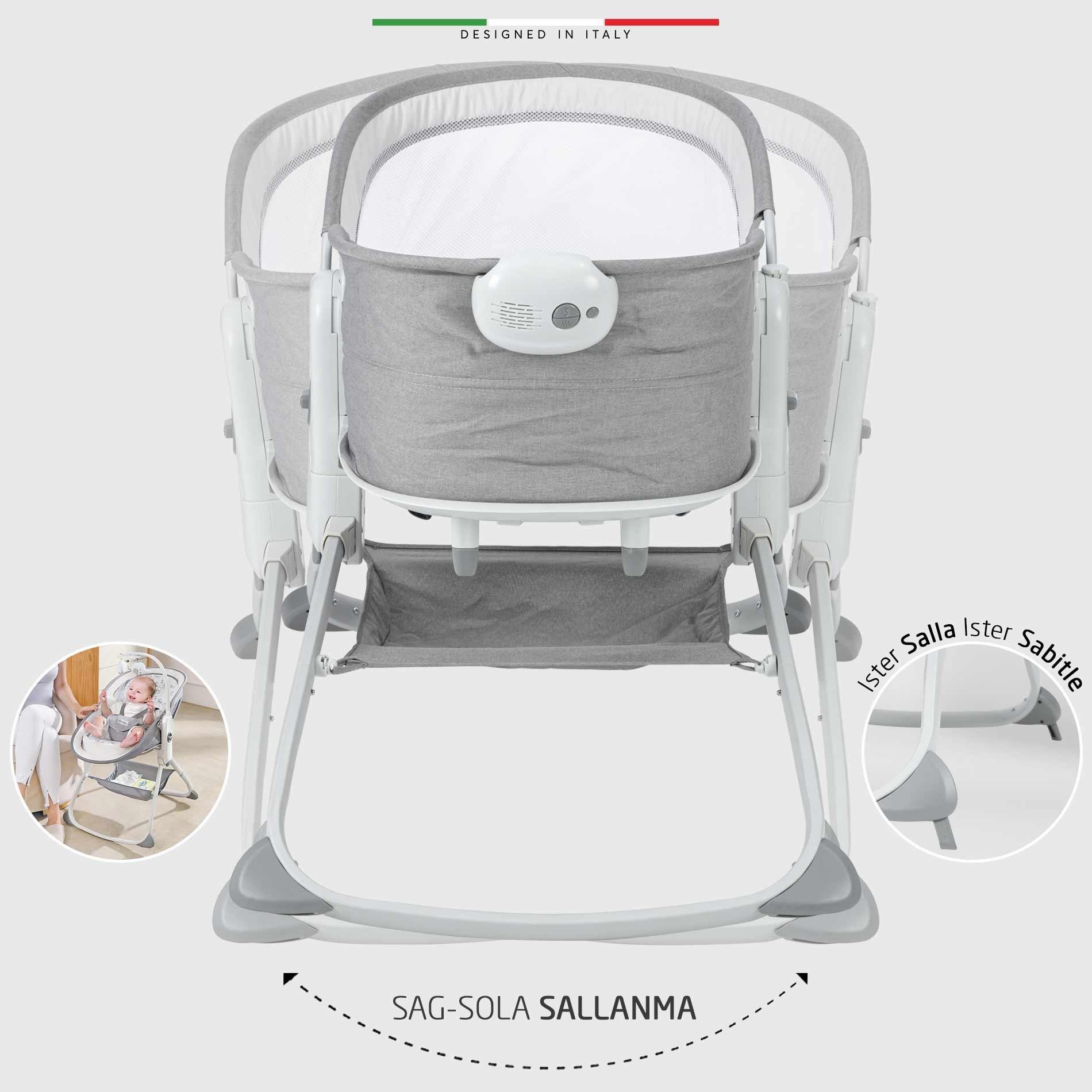 Elele Mira 6in1 Anne Yanı Beşik ve Ana Kucağı Sallanan Müzikli Titreşimli Kademeli Koyu Gri