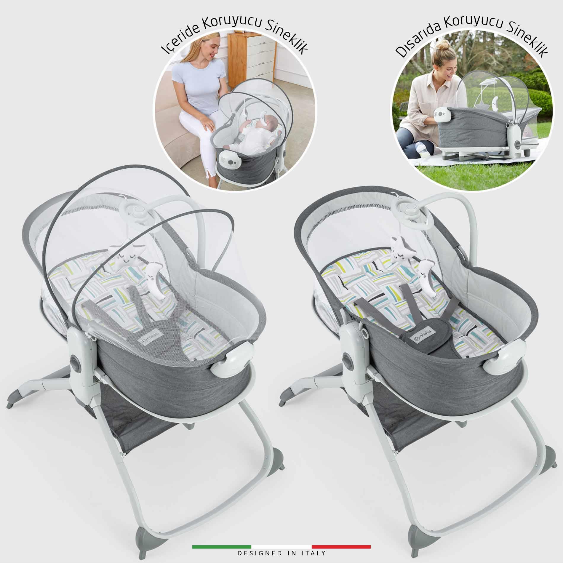 Elele Mira 6in1 Anne Yanı Beşik ve Ana Kucağı Sallanan Müzikli Titreşimli Kademeli Koyu Gri
