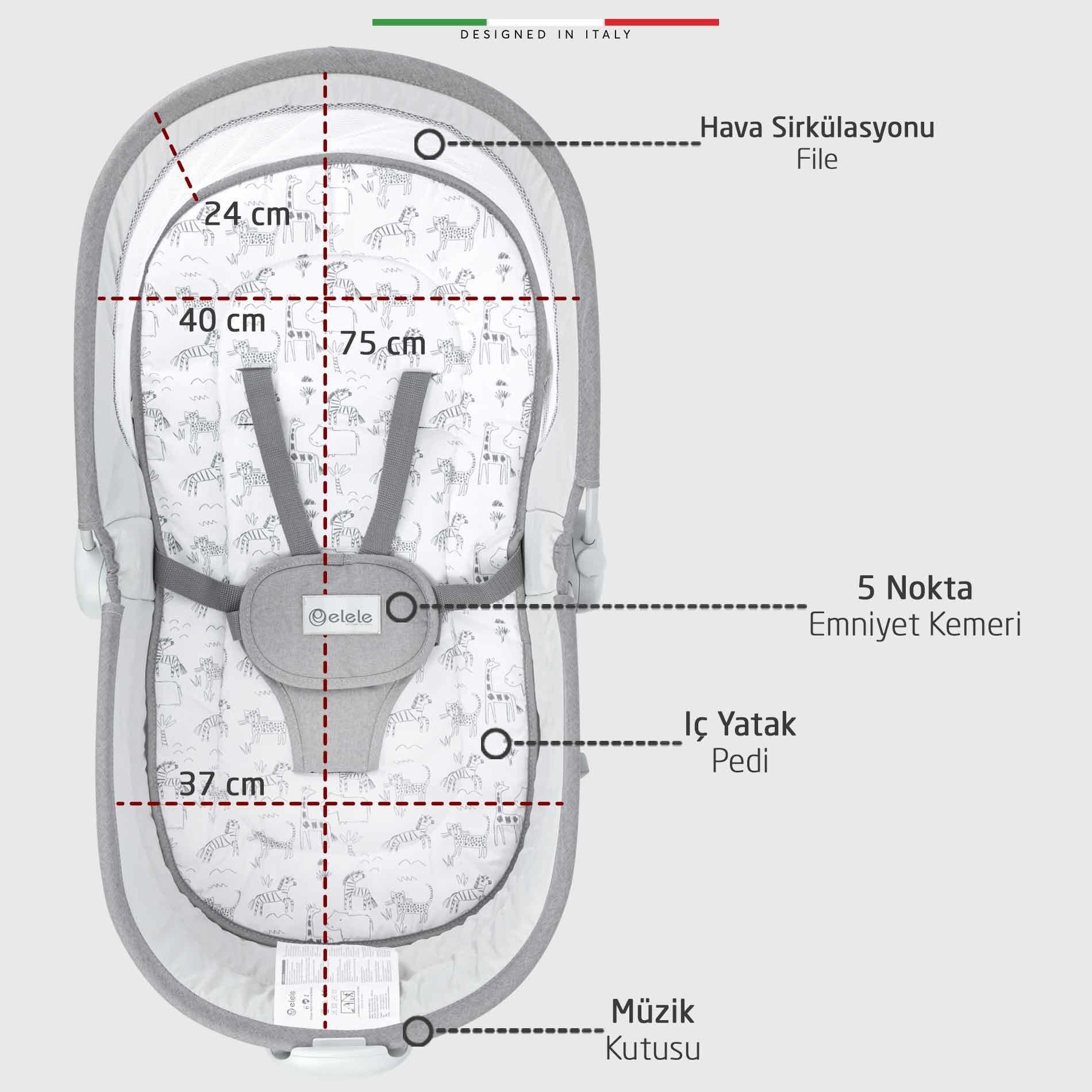 Elele Mira 6in1 Anne Yanı Beşik ve Ana Kucağı Sallanan Müzikli Titreşimli Kademeli Koyu Gri
