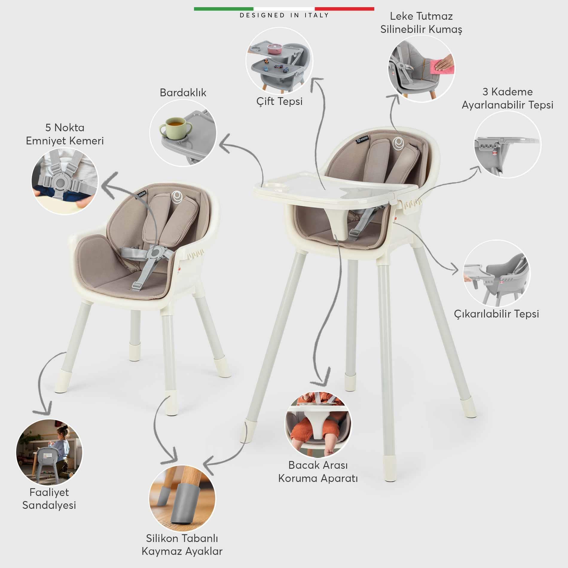 Elele Misto 4in1 Bebek Mama Sandalyesi ve Mama Oturağı İç Pedli Ekru