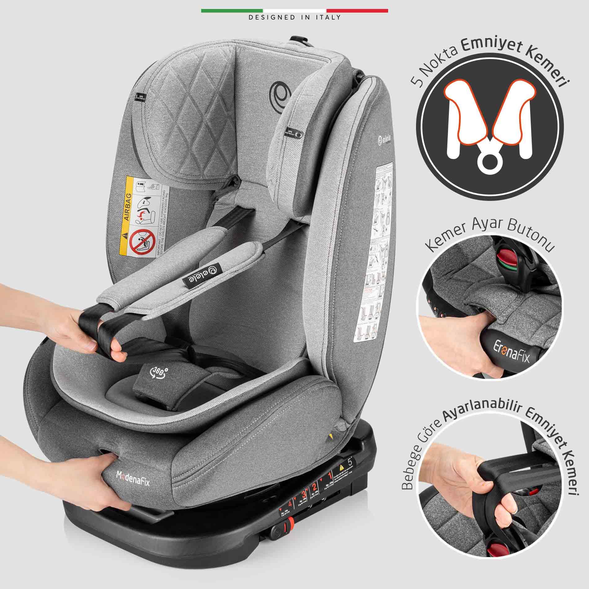 Elele ModenaFix 360° Dönebilen İsofixli Oto Koltuğu 0-36 KG Siyah-Gri