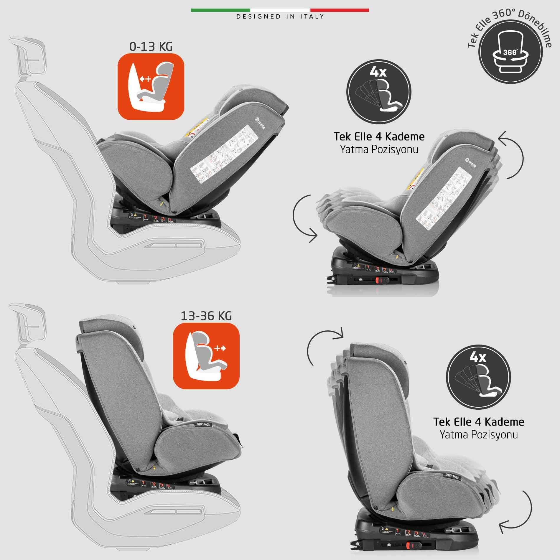 Elele ModenaFix 360° Dönebilen İsofixli Oto Koltuğu 0-36 KG Siyah-Gri