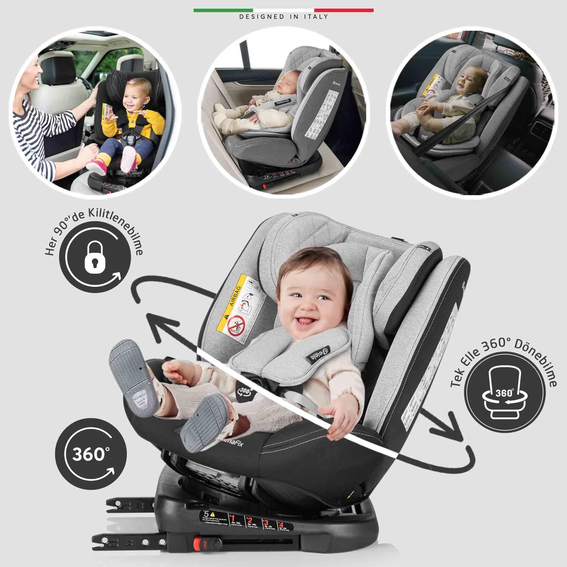 Elele ModenaFix 360° Dönebilen İsofixli Oto Koltuğu 0-36 KG Siyah-Gri