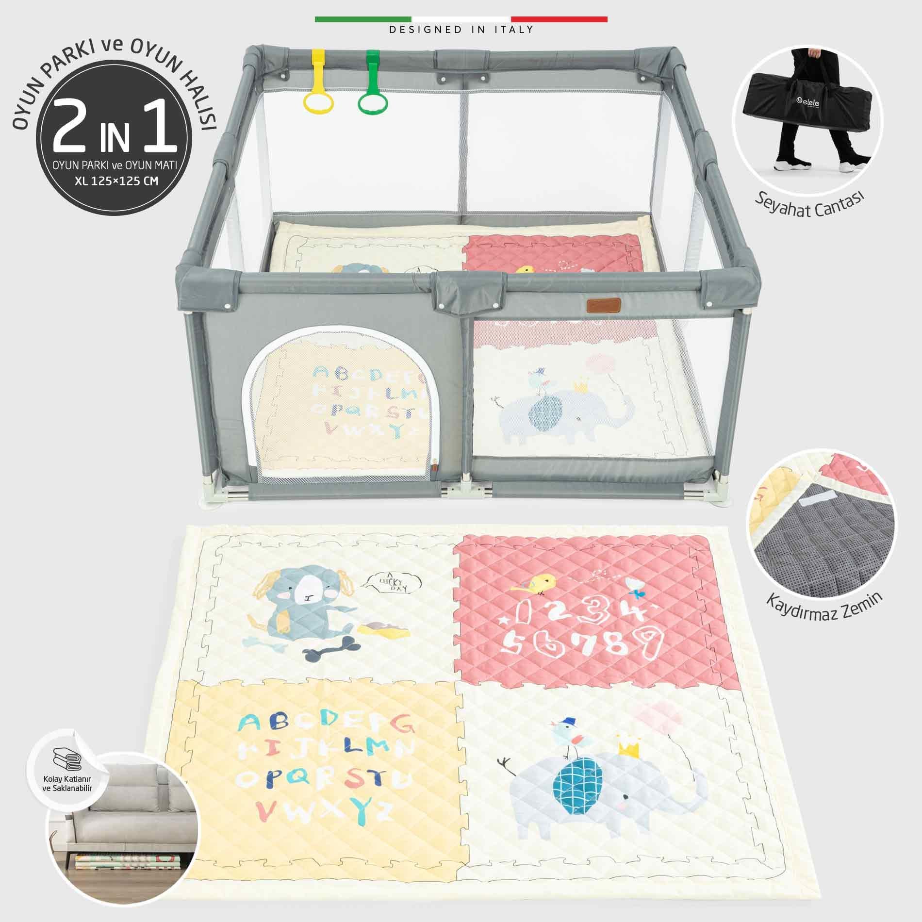 Elele Parma 2in1 Oyun Parkı Oyun Alanı ve Oyun Matı Halısı 125x125 cm Koyu Gri