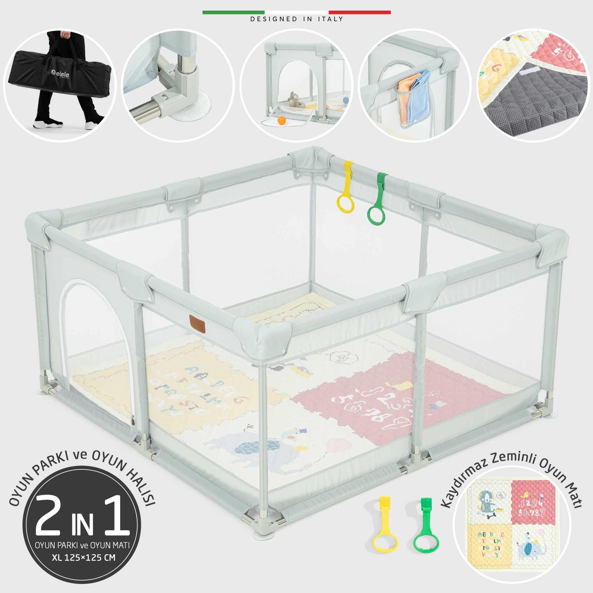 Elele Parma 2in1 Oyun Parkı Oyun Alanı ve Oyun Matı Halısı 125x125 cm Açık Gri