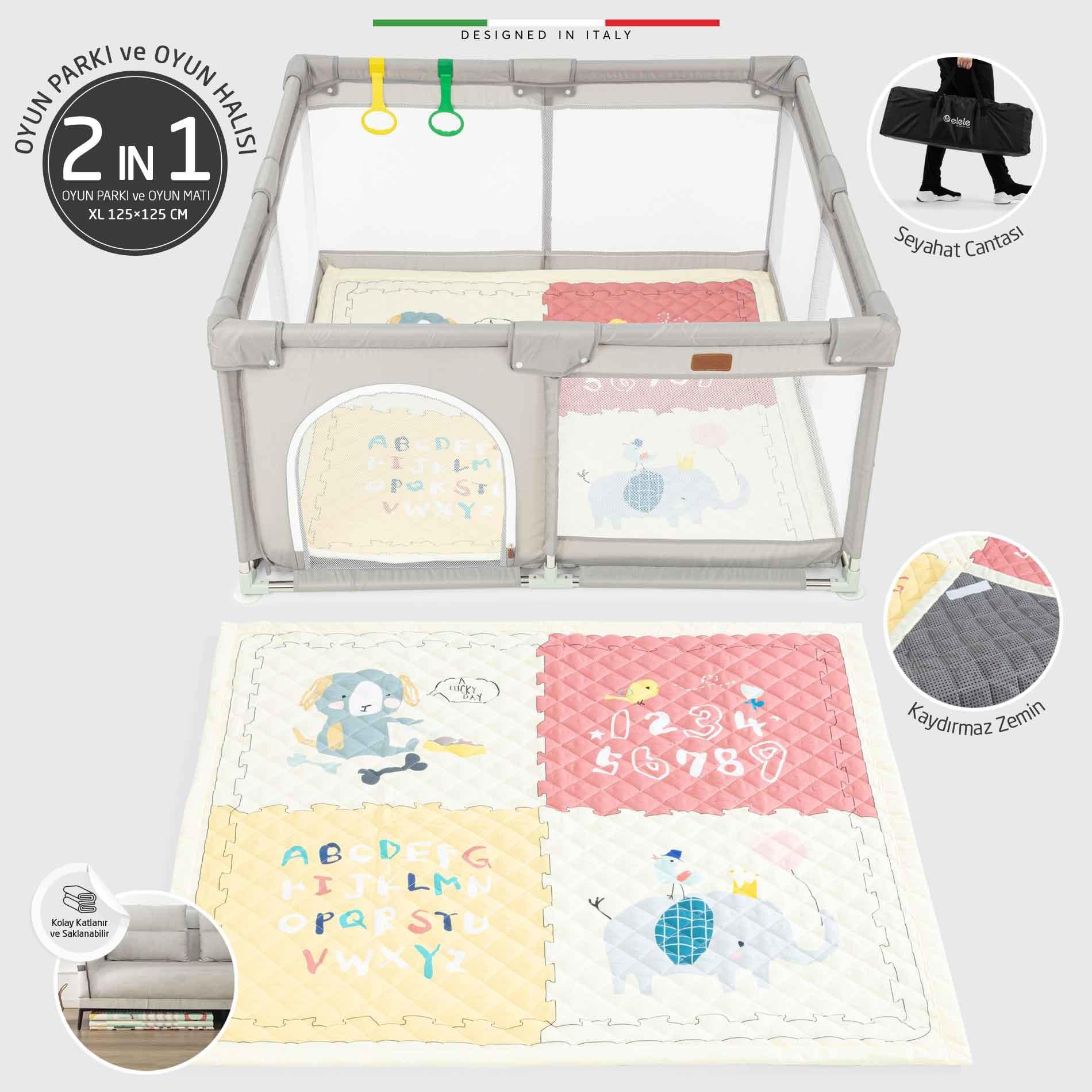 Elele Parma 2in1 Oyun Parkı Oyun Alanı ve Oyun Matı Halısı 125x125 cm Kahverengi