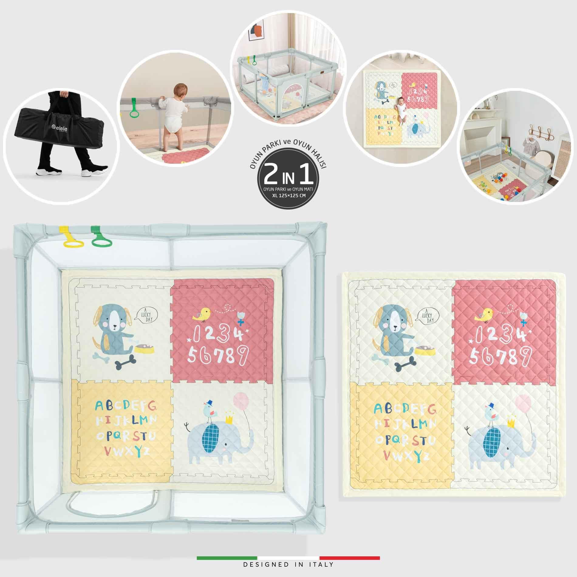 Elele Parma 2in1 Oyun Parkı Oyun Alanı ve Oyun Matı Halısı 125x125 cm Açık Gri