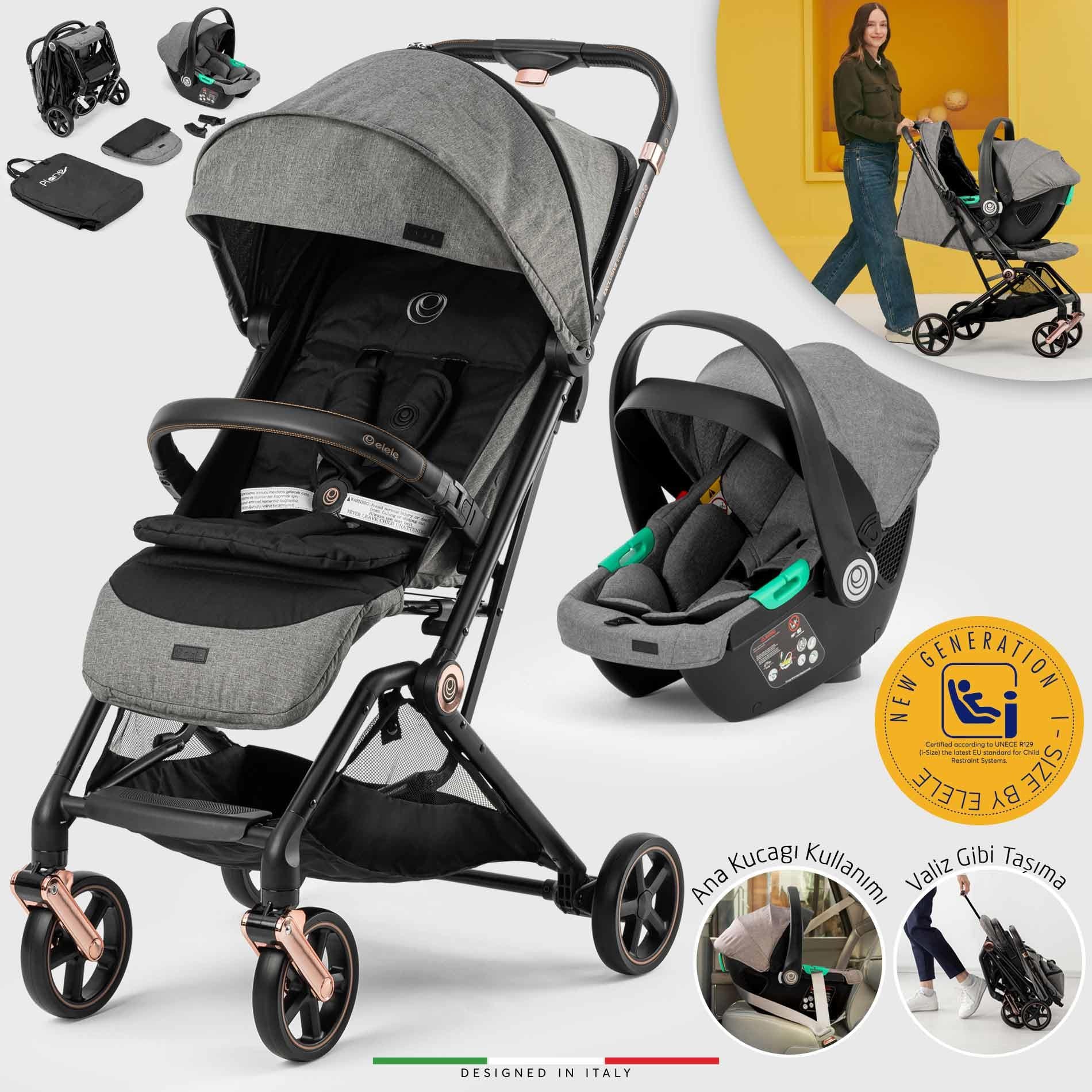 Elele Plane 2 Kabin Tipi Travel Sistem Bebek Arabası Rose Gri-Siyah