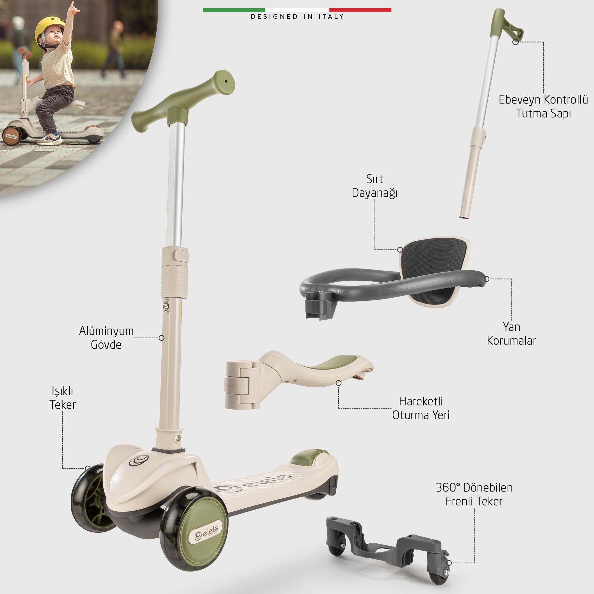 Elele Potenza 4in1 Ebeveyn Kontrollü 5 Tekerlekli Çocuk Scooter Işıklı Oturaklı Yeşil