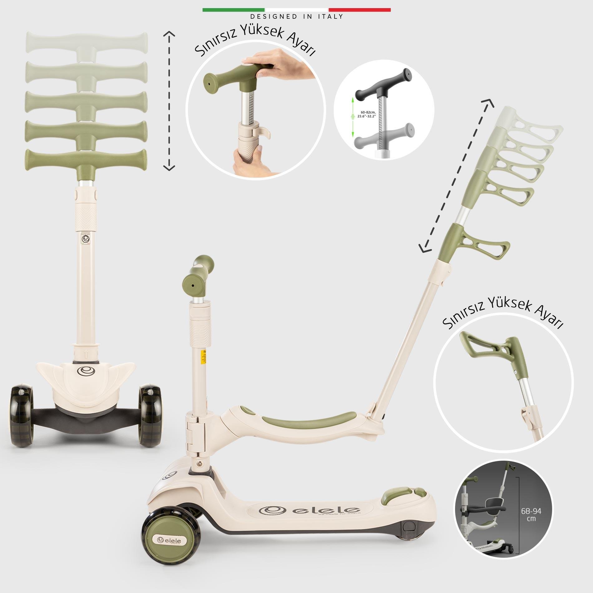 Elele Potenza 4in1 Ebeveyn Kontrollü 5 Tekerlekli Çocuk Scooter Işıklı Oturaklı Siyah