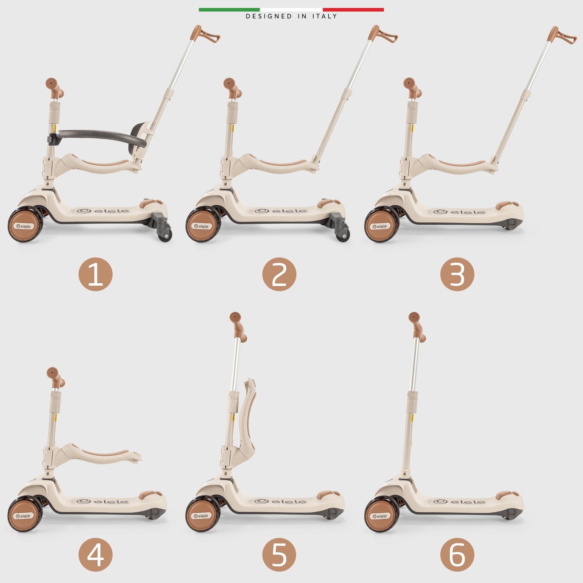 Elele Potenza 4in1 Ebeveyn Kontrollü 5 Tekerlekli Çocuk Scooter Işıklı Oturaklı Kahverengi