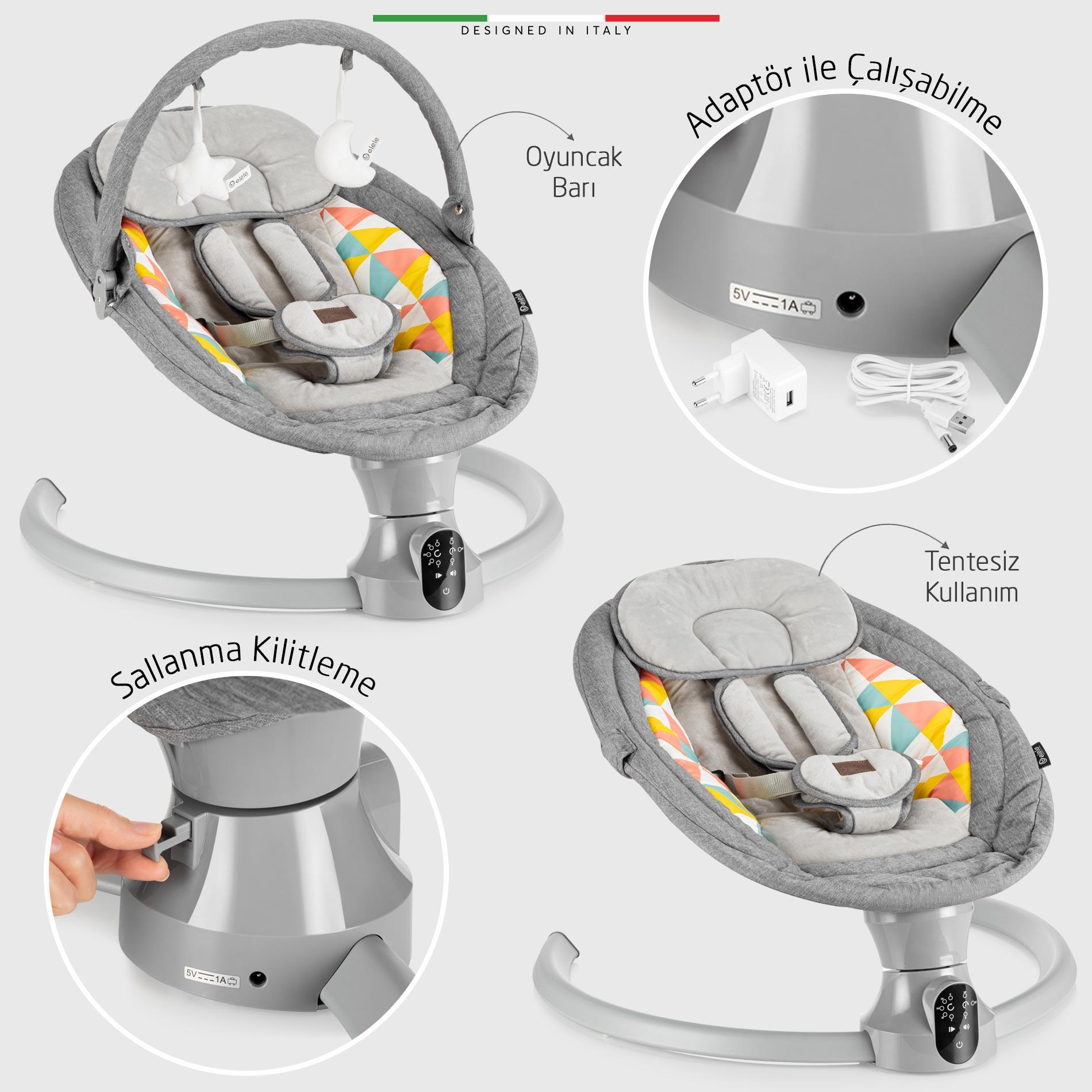 Elele Sette Elektrikli Otomatik Sallanan Ana Kucağı Gri